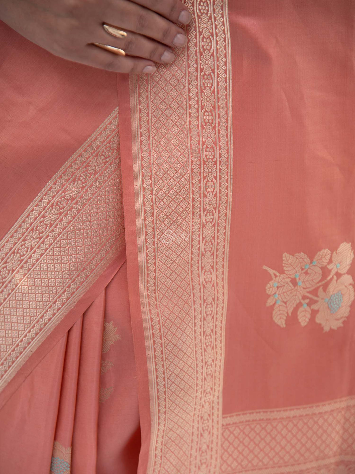 Peach Meenakari Katan Silk Tissue Handloom Banarasi Saree - Sacred Weaves