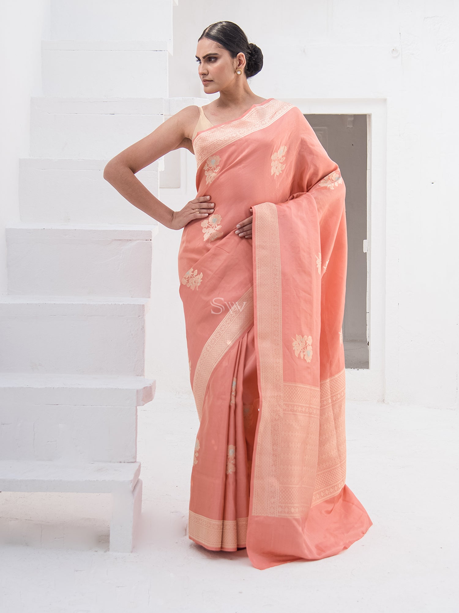 Peach Meenakari Katan Silk Tissue Handloom Banarasi Saree - Sacred Weaves