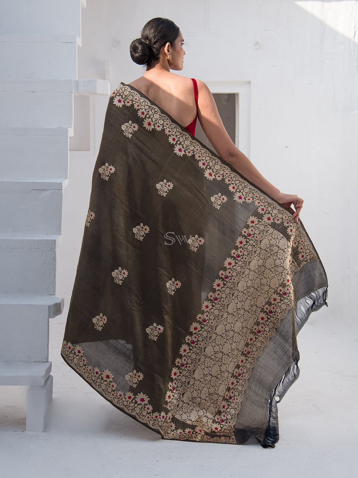 Black Meenakari Katan Silk Tissue Handloom Banarasi Saree - Sacred Weaves