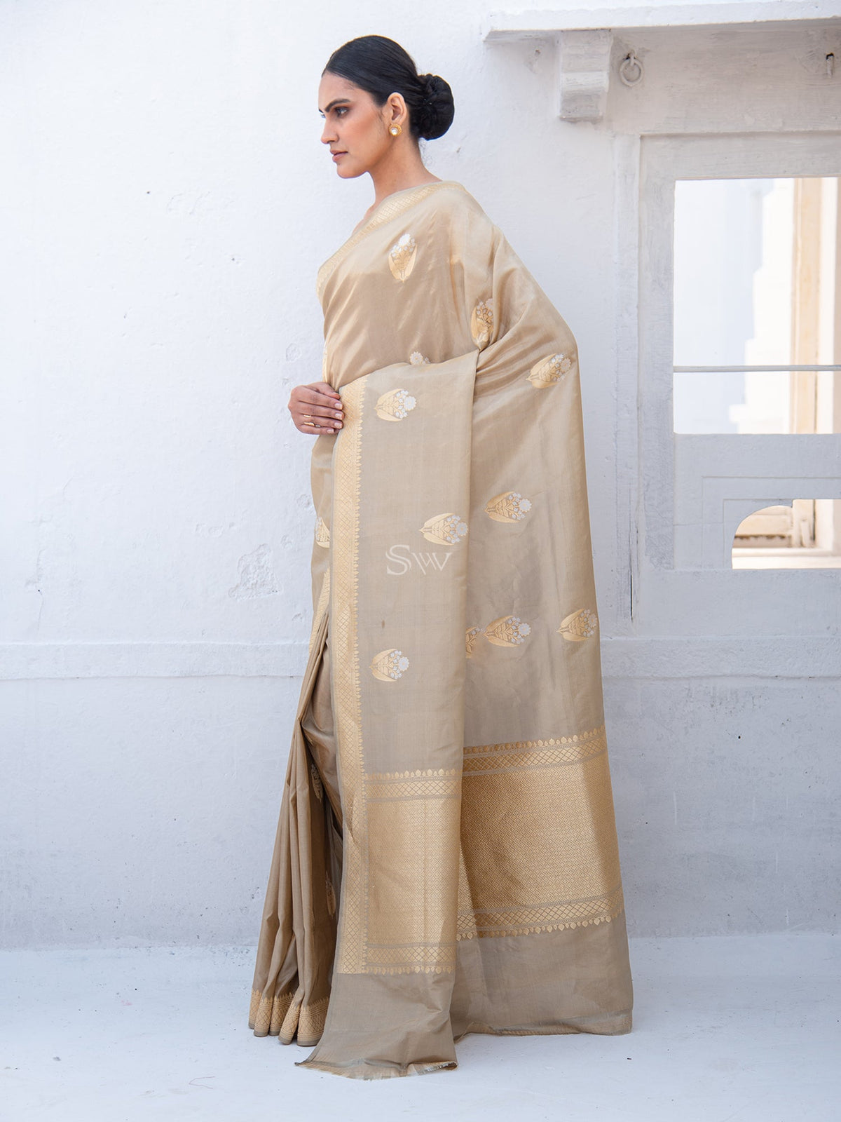 Dark Beige Booti Tissue Katan Handloom Banarasi Saree - Sacred Weaves