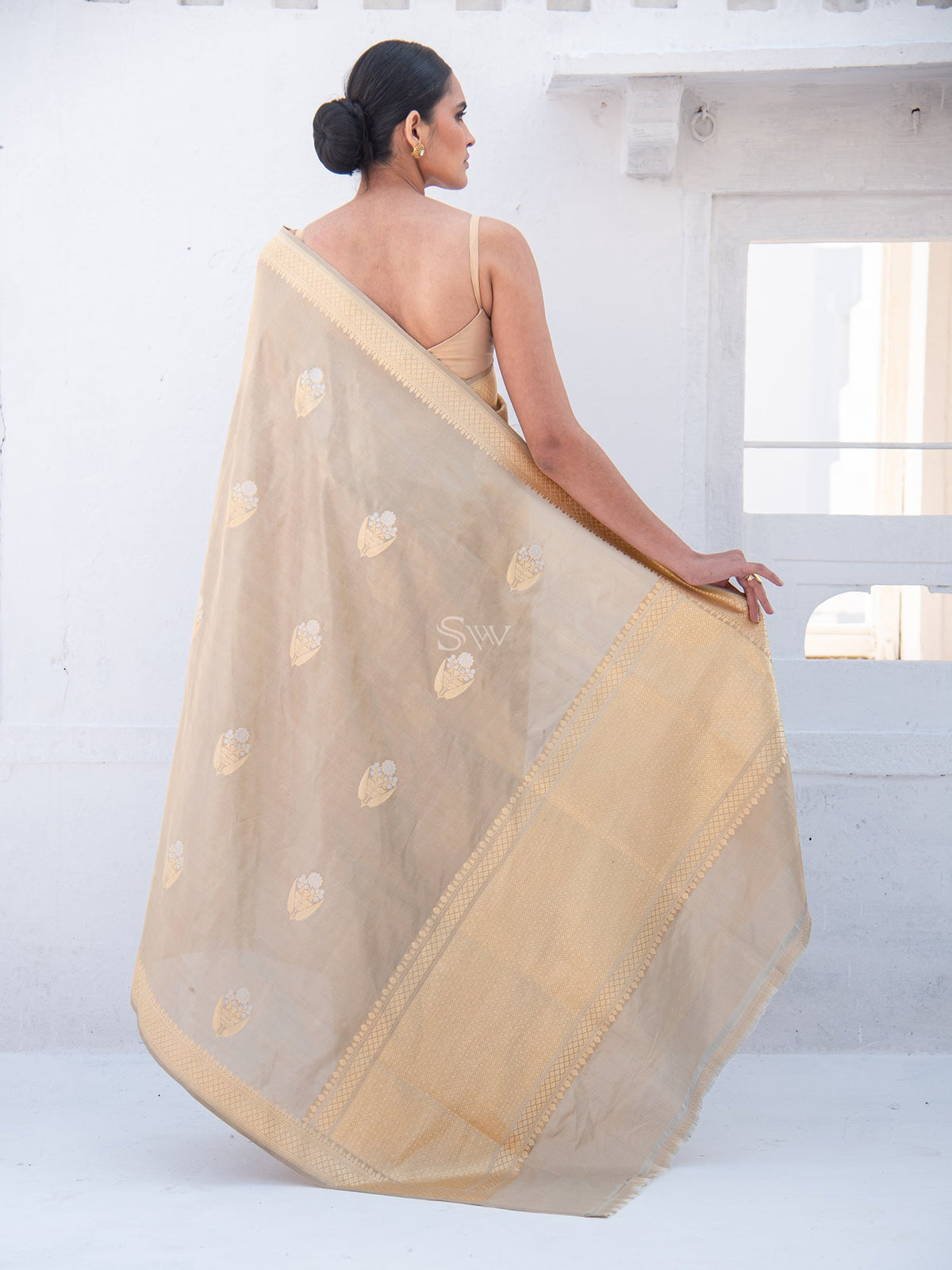 Dark Beige Booti Tissue Katan Handloom Banarasi Saree - Sacred Weaves