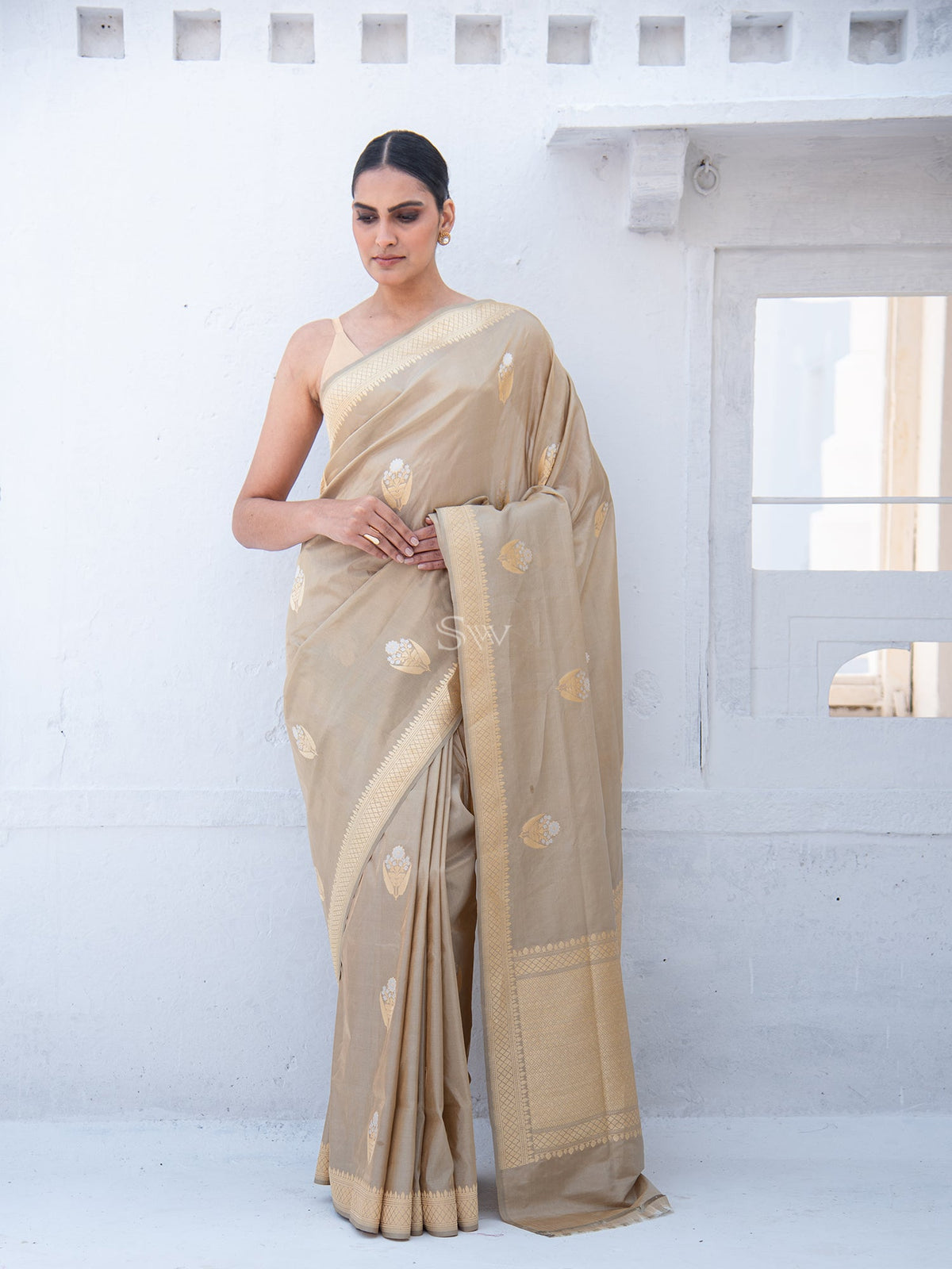 Dark Beige Booti Tissue Katan Handloom Banarasi Saree - Sacred Weaves