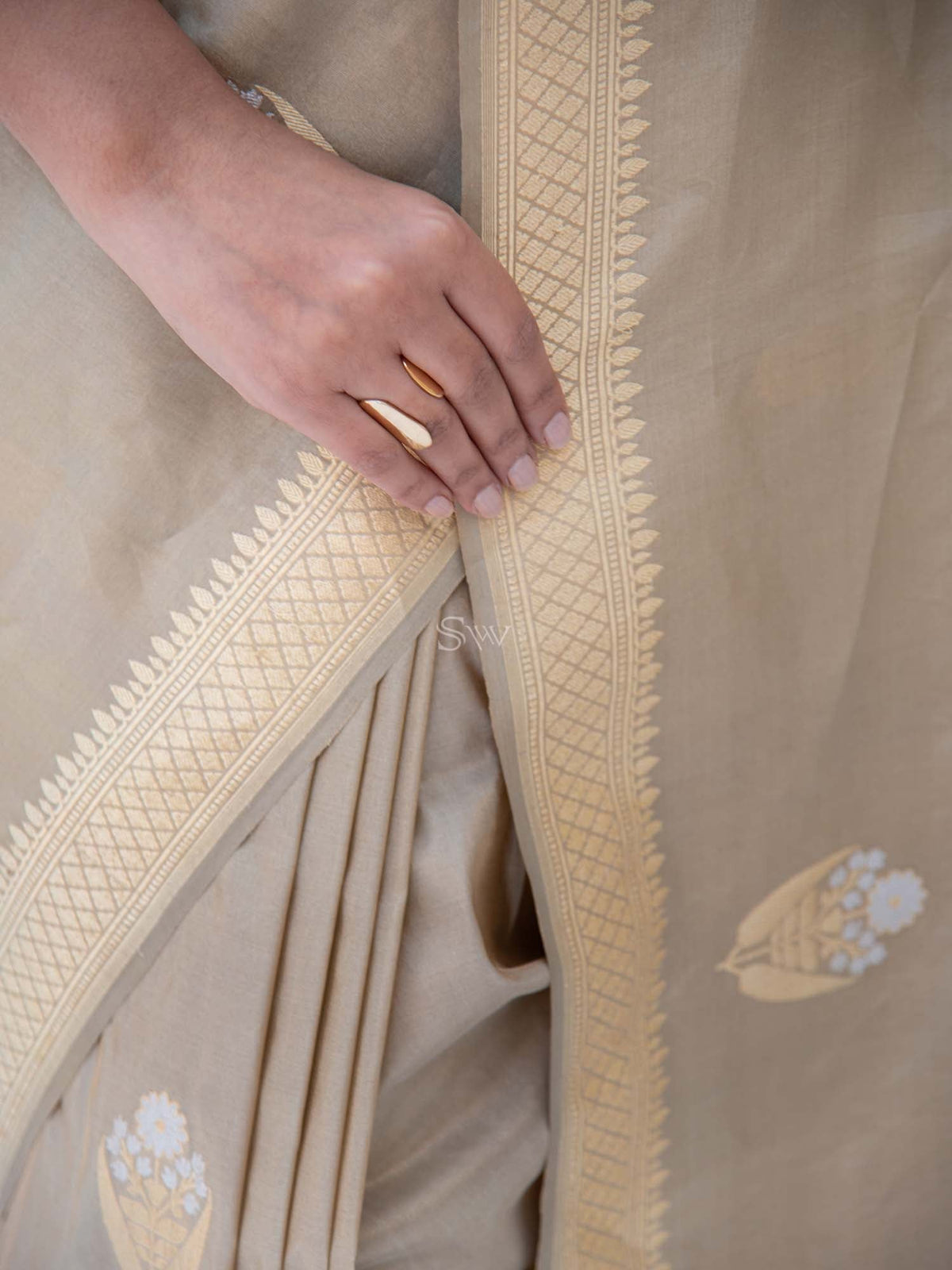 Dark Beige Booti Tissue Katan Handloom Banarasi Saree - Sacred Weaves