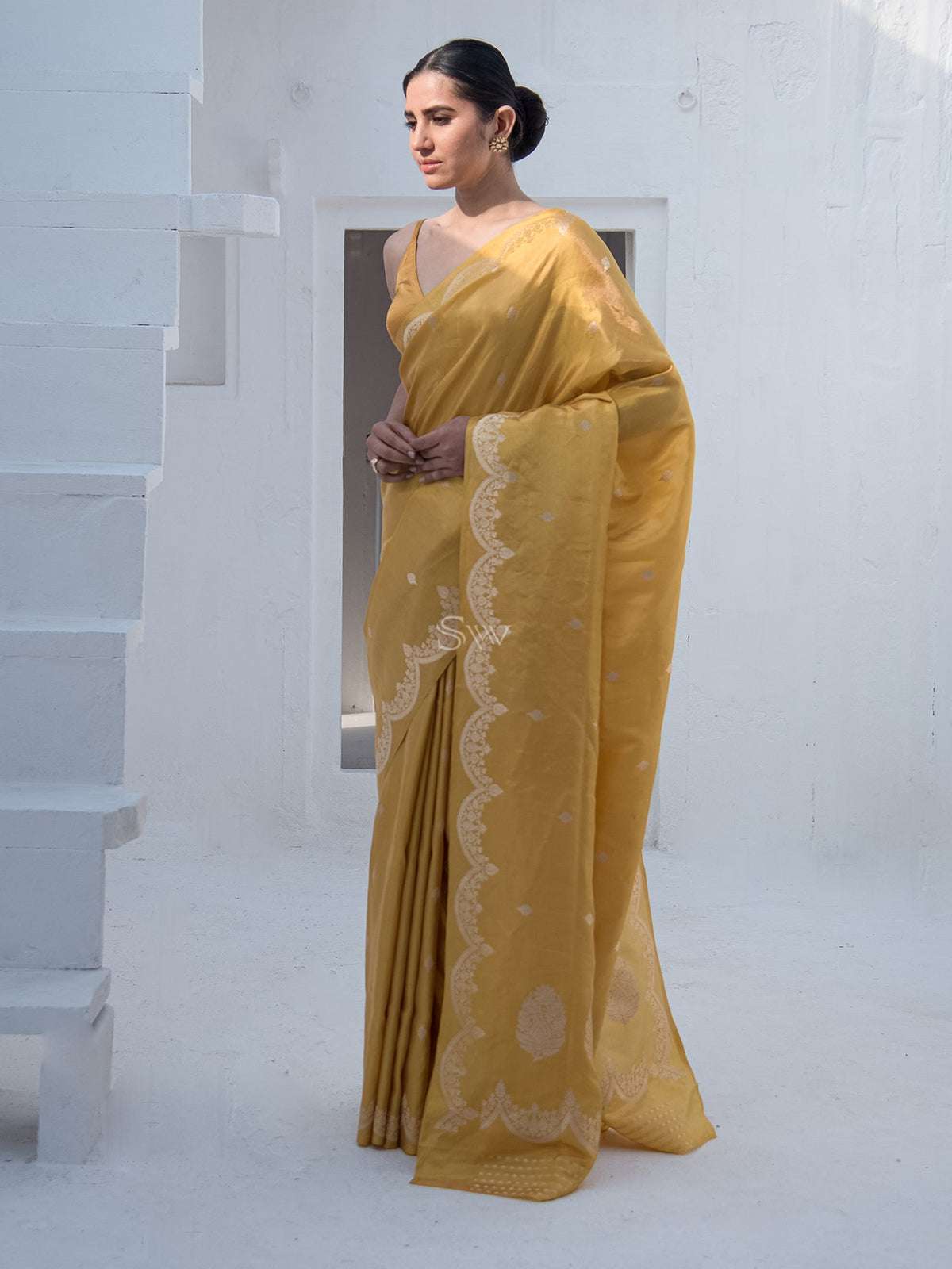 Mustard Booti Katan Tissue Handloom Banarasi Saree - Sacred Weaves