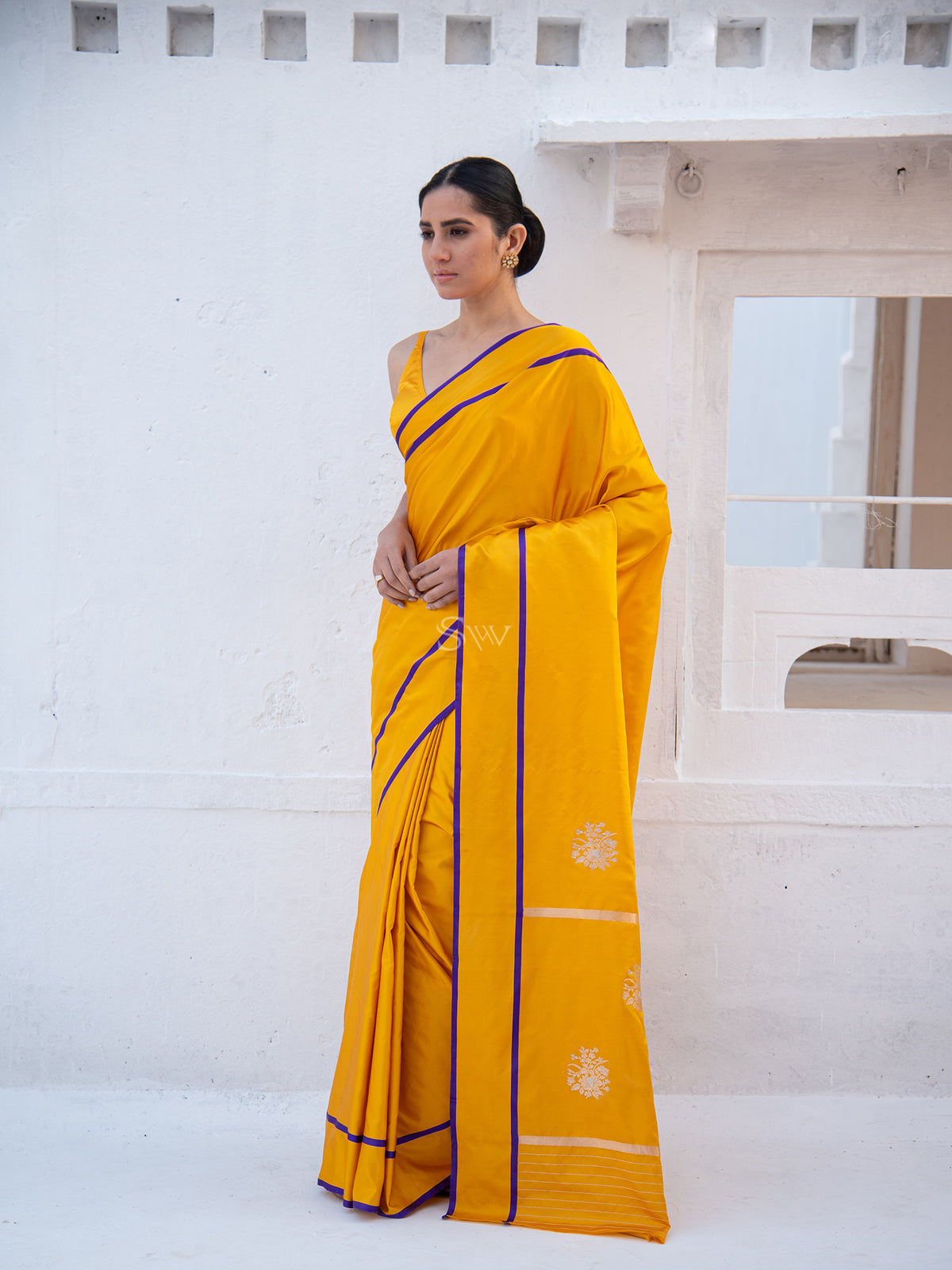 Mustard Sona Roopa Boota Satin Silk Handloom Banarasi Saree - Sacred Weaves