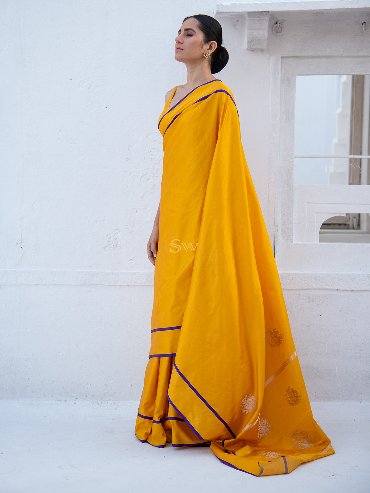 Mustard Sona Roopa Boota Satin Silk Handloom Banarasi Saree - Sacred Weaves