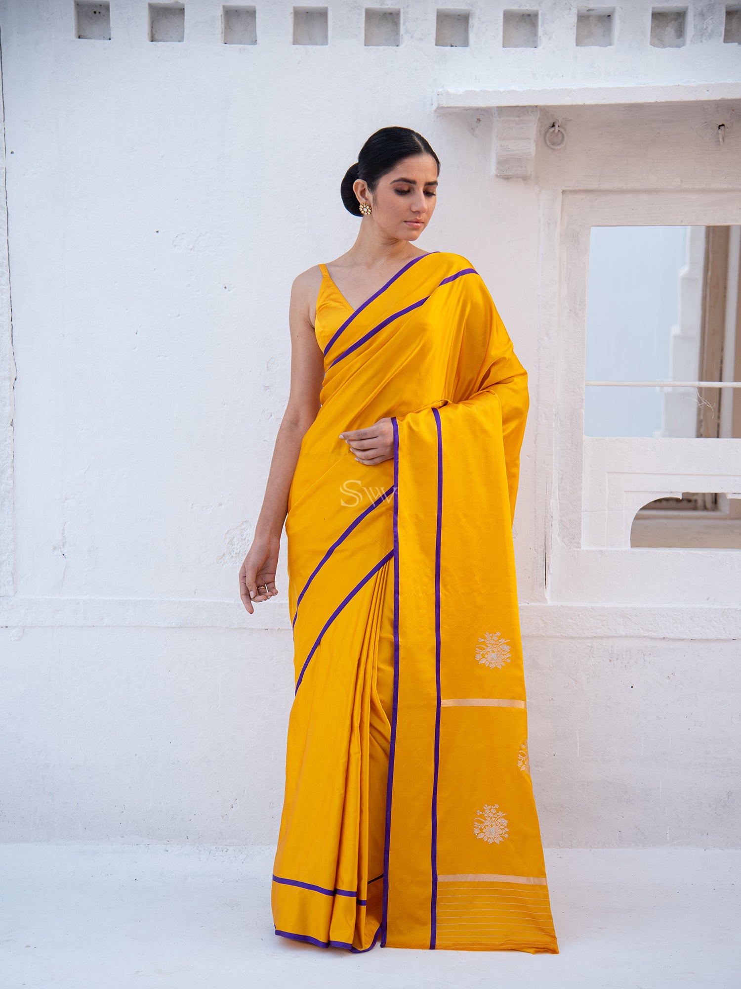 Mustard Sona Roopa Boota Satin Silk Handloom Banarasi Saree - Sacred Weaves