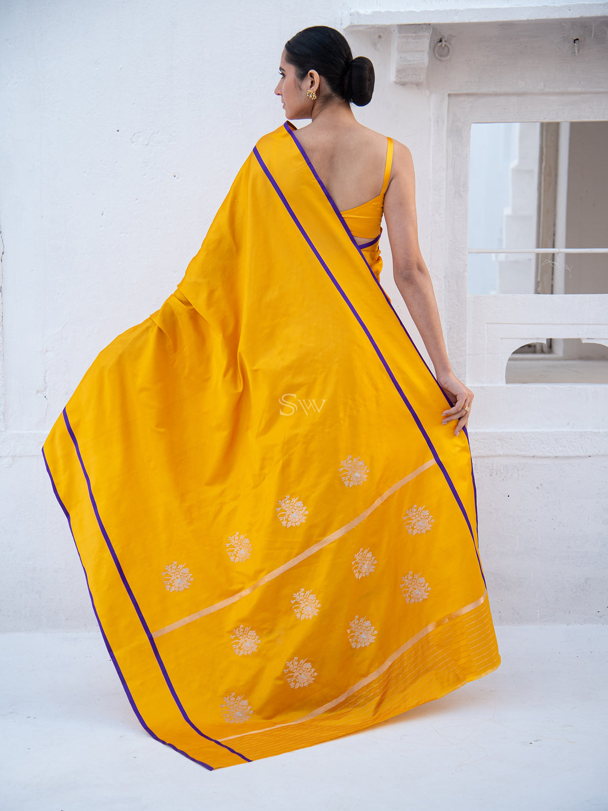 Mustard Sona Roopa Boota Satin Silk Handloom Banarasi Saree - Sacred Weaves