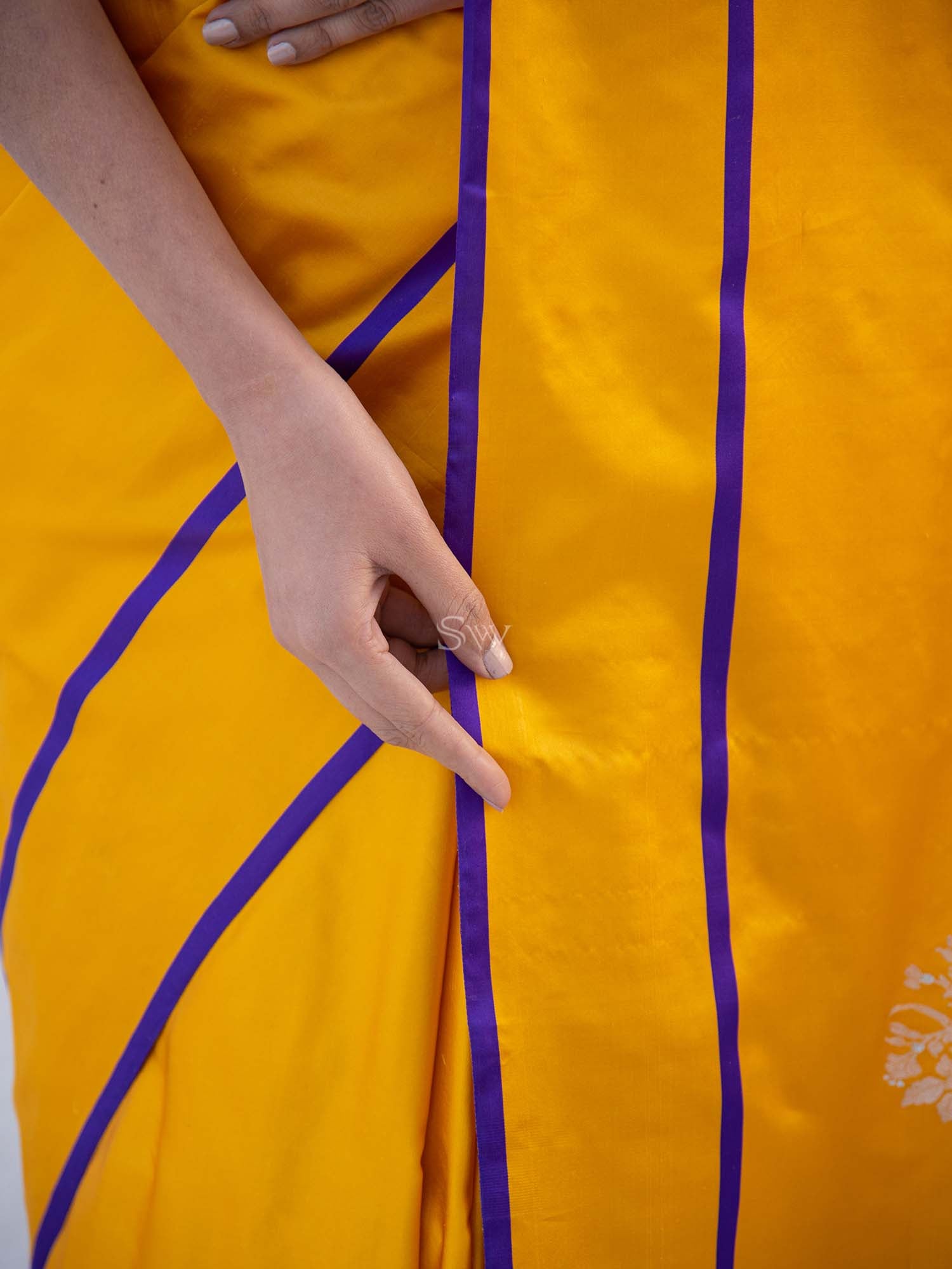 Mustard Sona Roopa Boota Satin Silk Handloom Banarasi Saree - Sacred Weaves