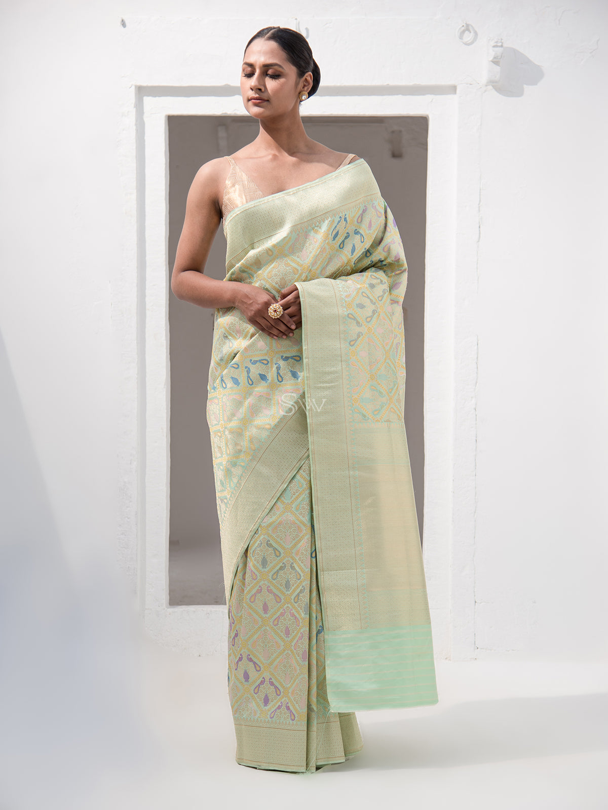 Aqua Green Meenakari Katan Silk Handloom Banarasi Saree - Sacred Weaves