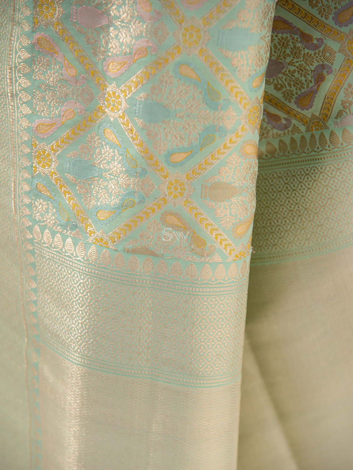 Aqua Green Meenakari Katan Silk Handloom Banarasi Saree - Sacred Weaves