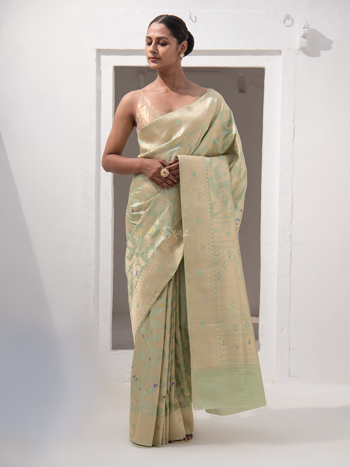 Pista Green Meenakari Katan Silk Handloom Banarasi Saree - Sacred Weaves