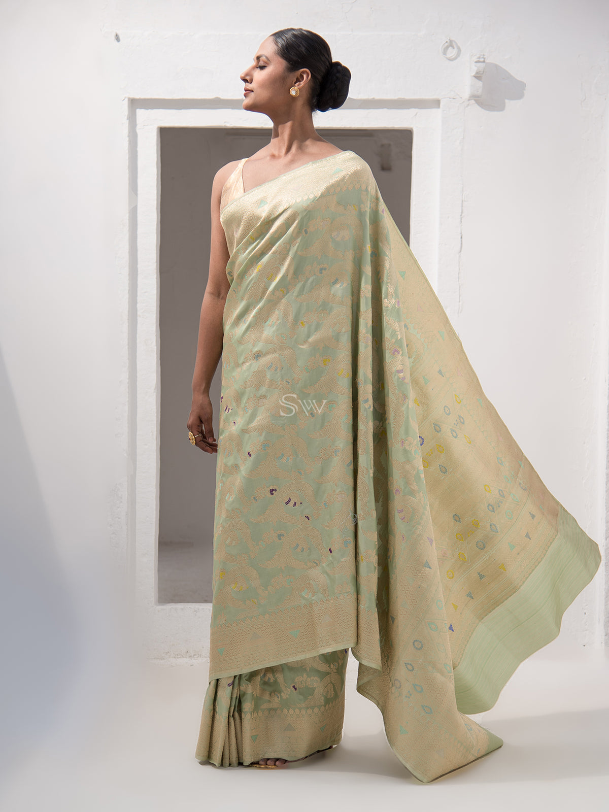 Pista Green Meenakari Katan Silk Handloom Banarasi Saree - Sacred Weaves