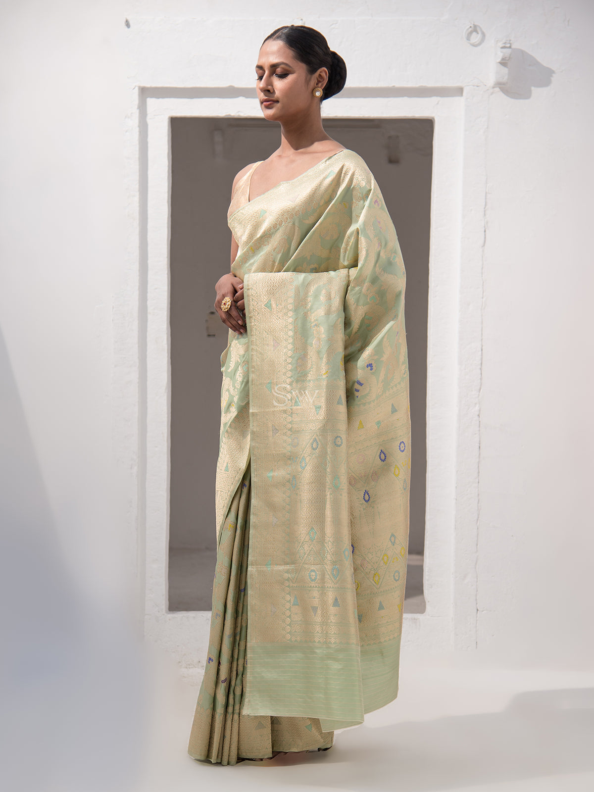 Pista Green Meenakari Katan Silk Handloom Banarasi Saree - Sacred Weaves