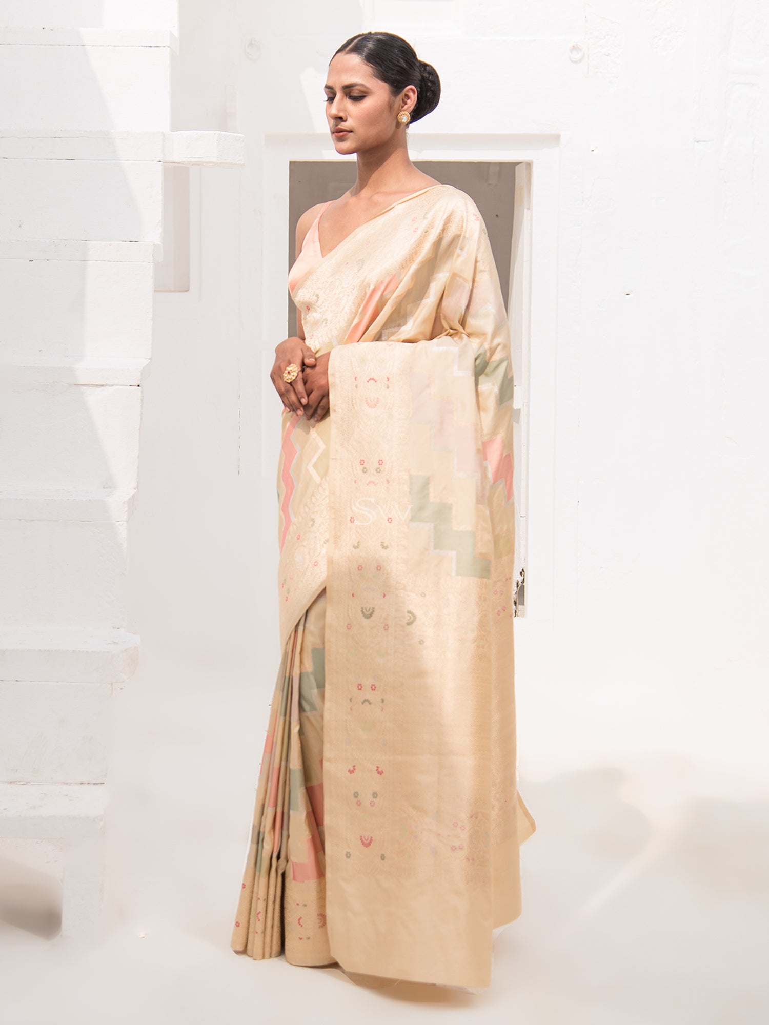 Beige Rangkat Katan Silk Handloom Banarasi Saree - Sacred Weaves