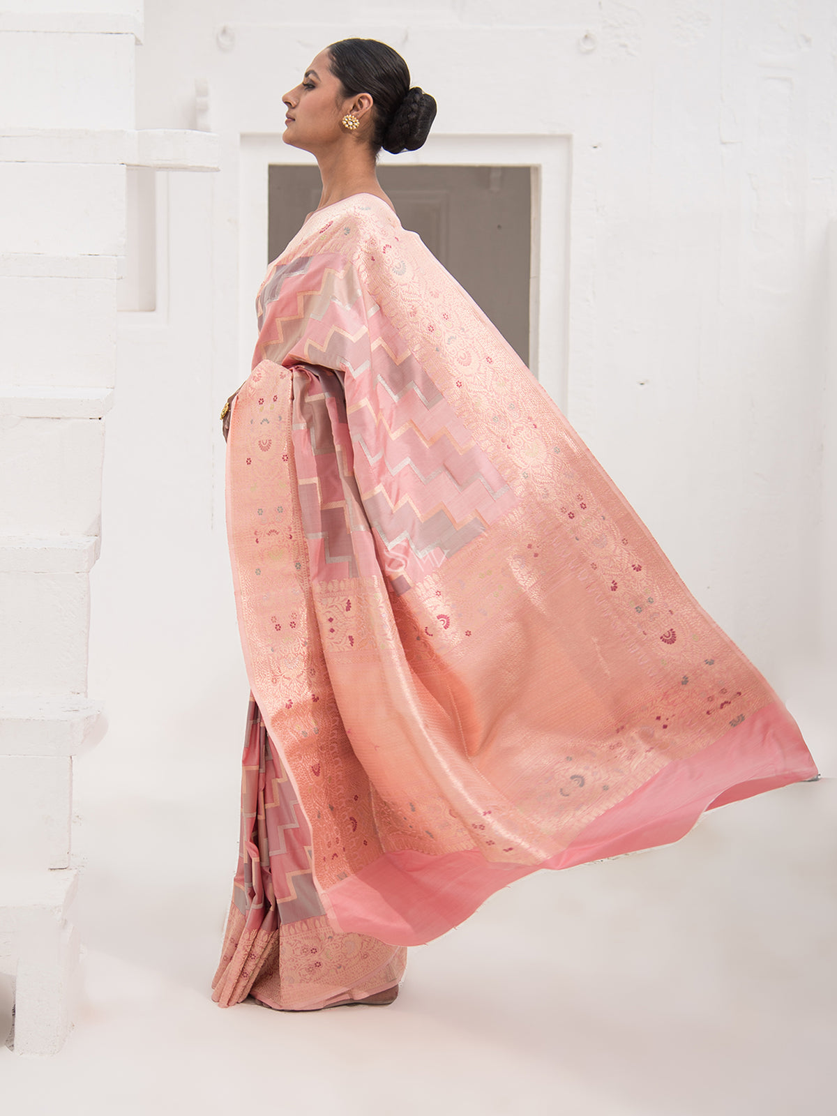 Pink Grey Stripe Katan Silk Handloom Banarasi Saree - Sacred Weaves