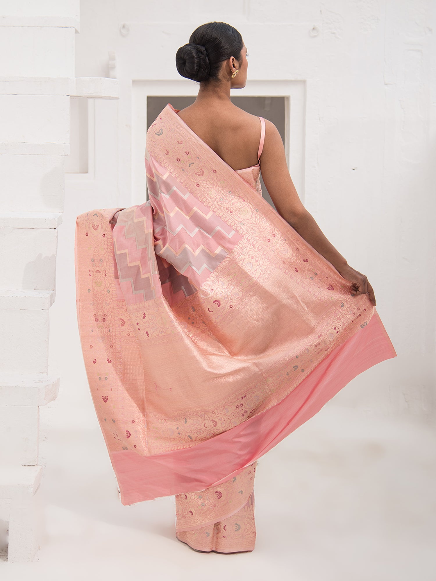 Pink Grey Stripe Katan Silk Handloom Banarasi Saree - Sacred Weaves
