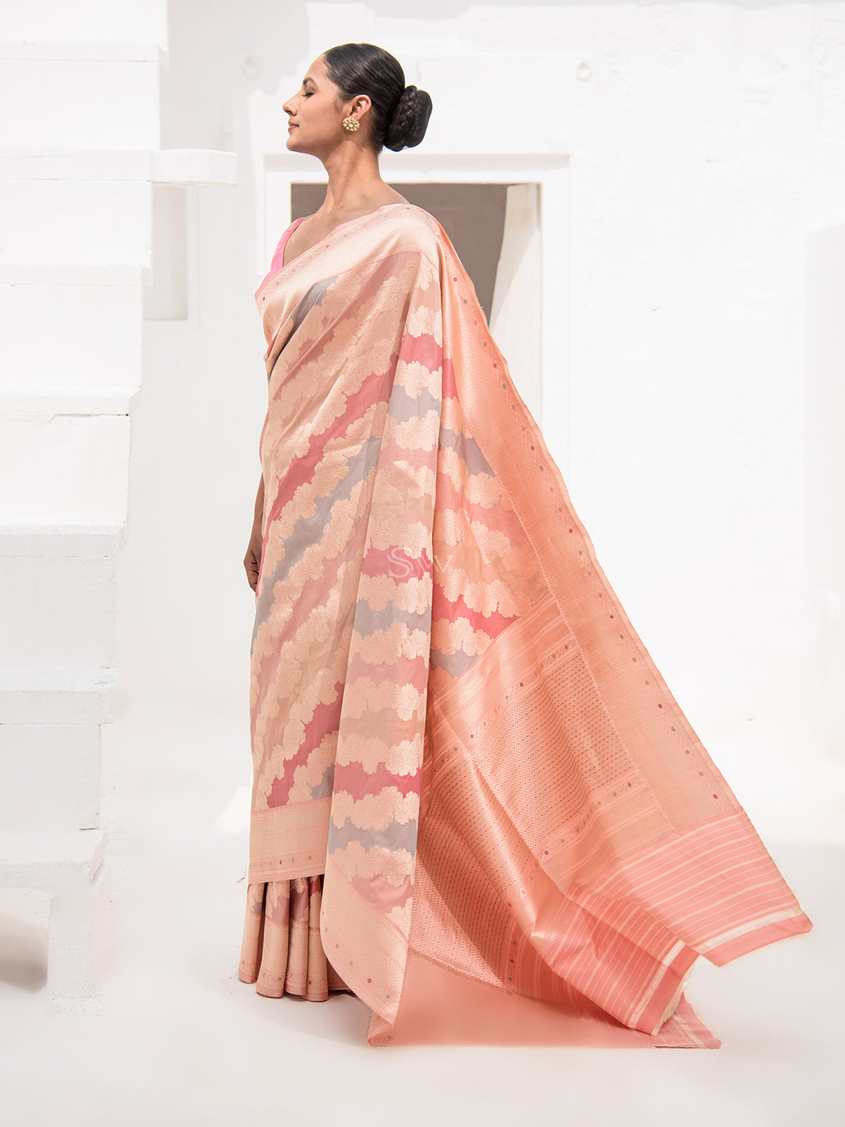 Pastel Pink Grey Rangkat Katan Silk Handloom Banarasi Saree - Sacred Weaves