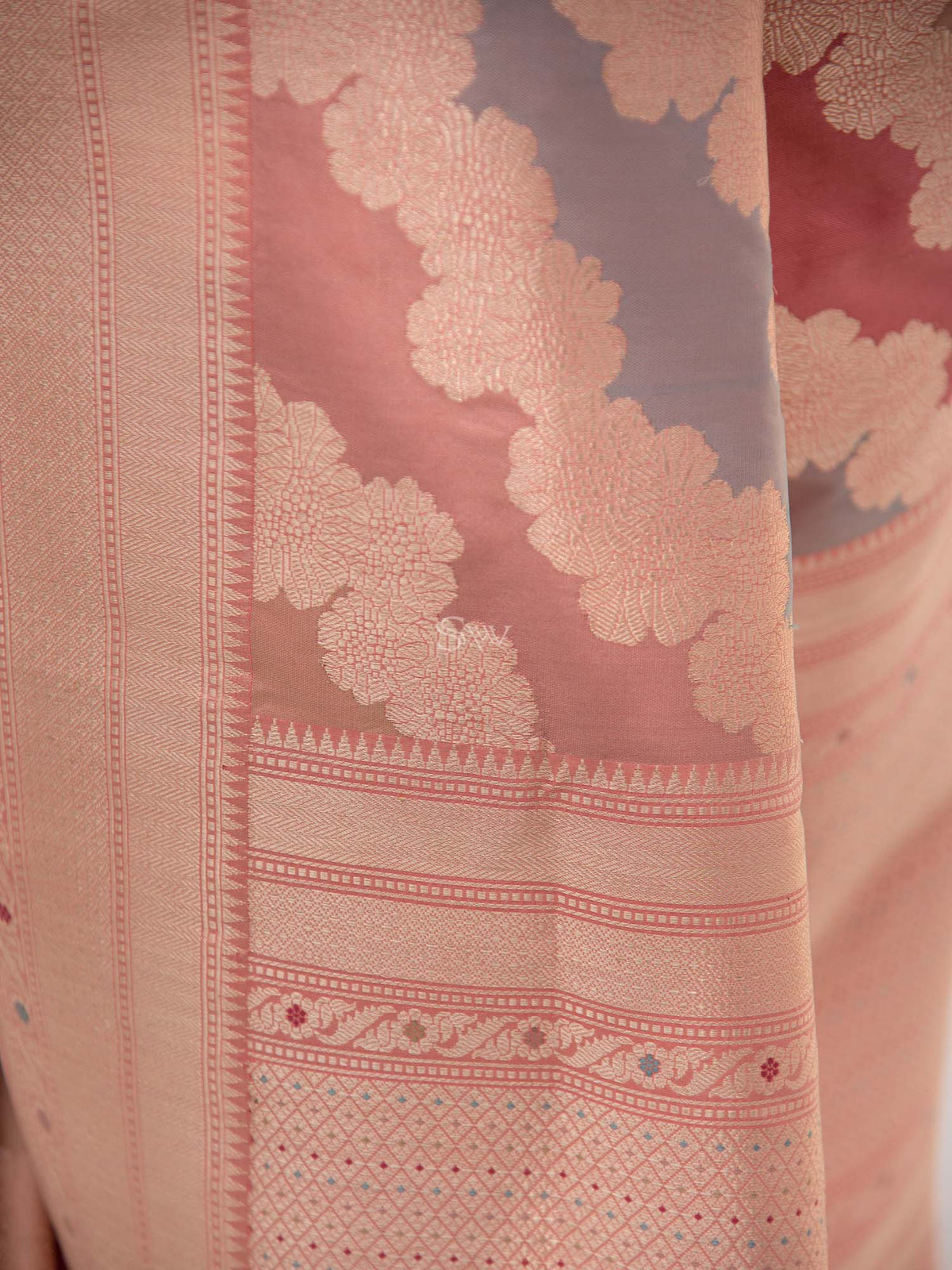 Pastel Pink Grey Rangkat Katan Silk Handloom Banarasi Saree - Sacred Weaves