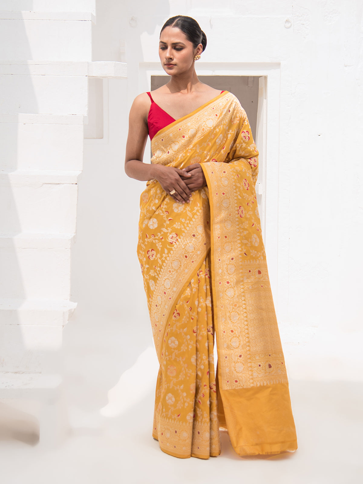 Yellow Meenakari Katan Silk Handloom Banarasi Saree - Sacred Weaves