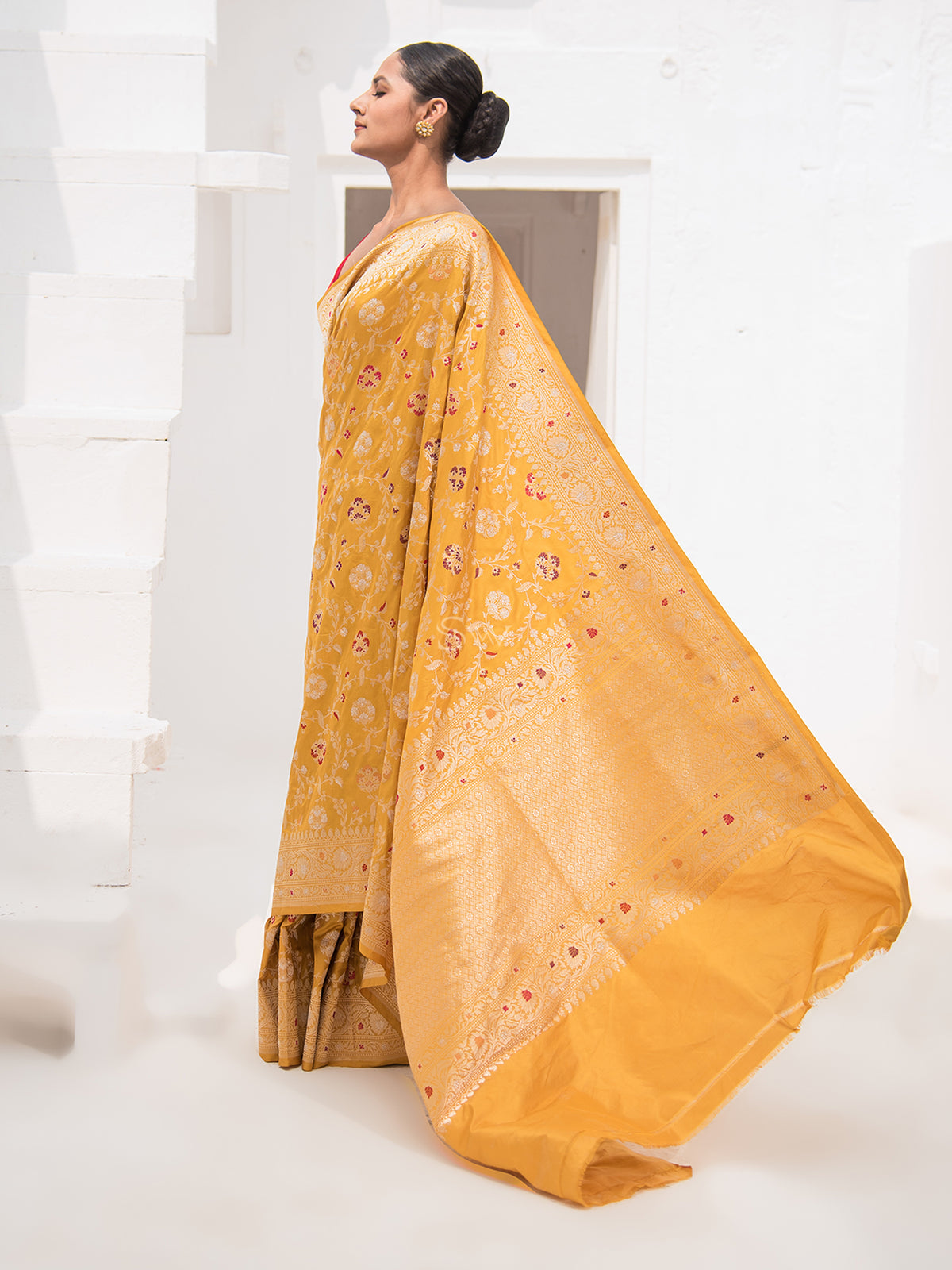 Yellow Meenakari Katan Silk Handloom Banarasi Saree - Sacred Weaves