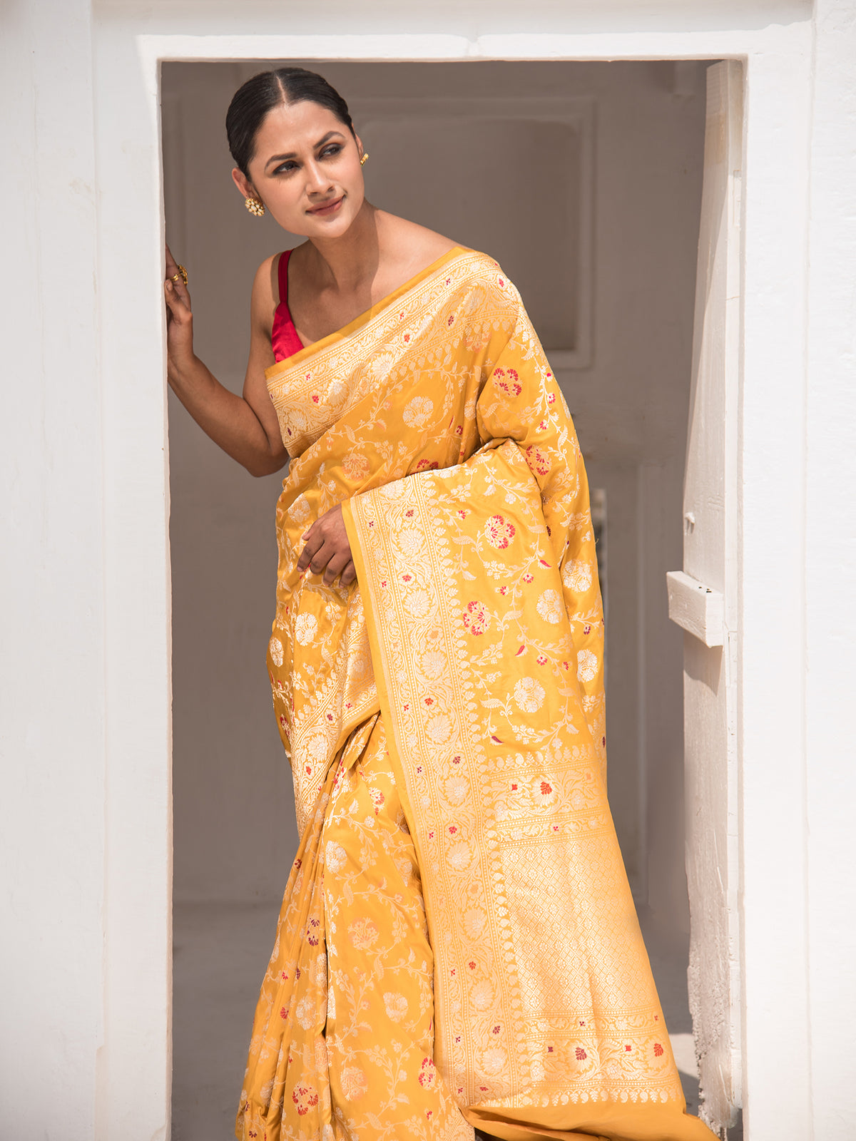 Yellow Meenakari Katan Silk Handloom Banarasi Saree - Sacred Weaves