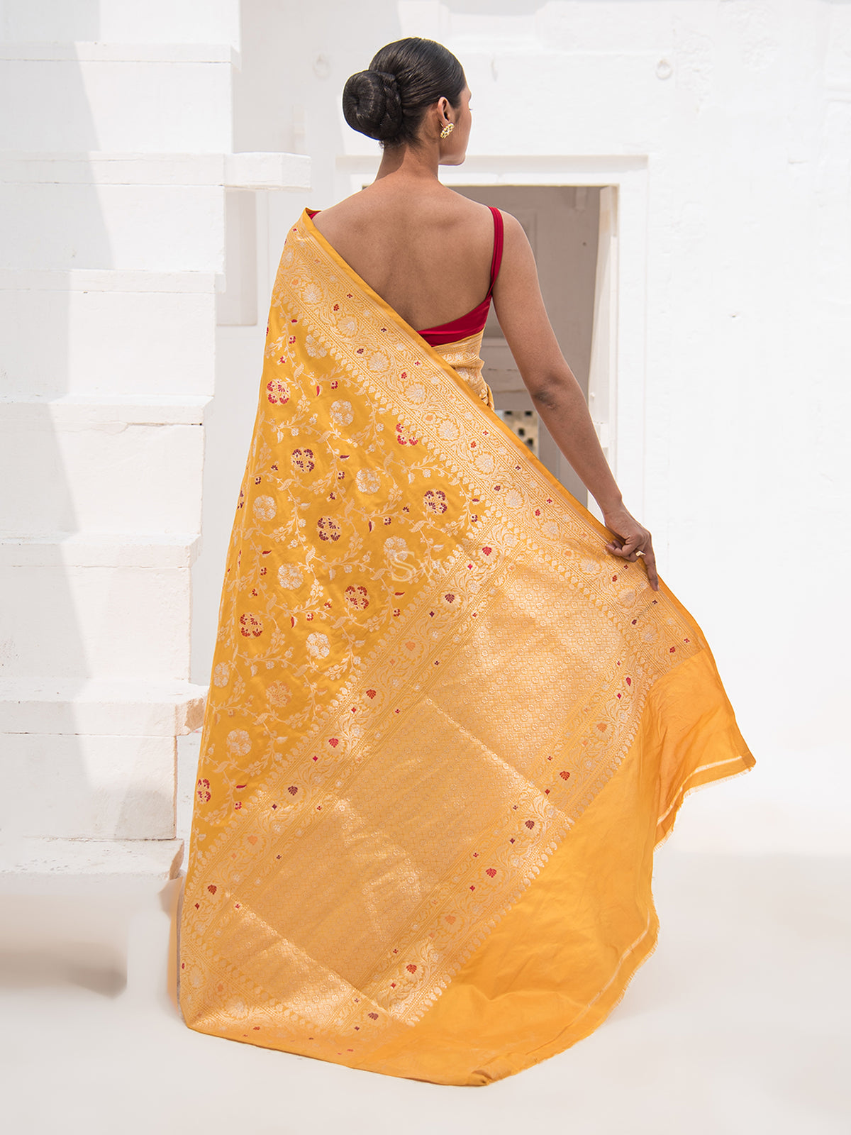 Yellow Meenakari Katan Silk Handloom Banarasi Saree - Sacred Weaves