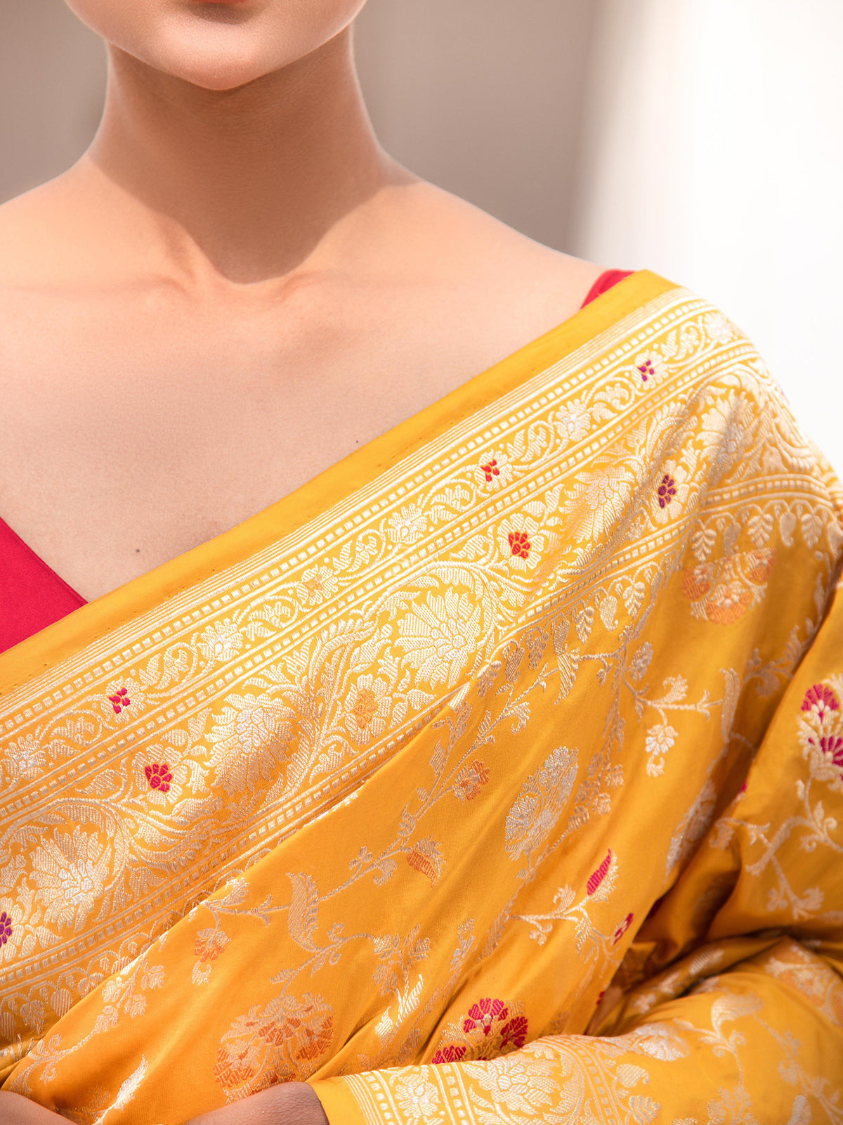 Yellow Meenakari Katan Silk Handloom Banarasi Saree - Sacred Weaves