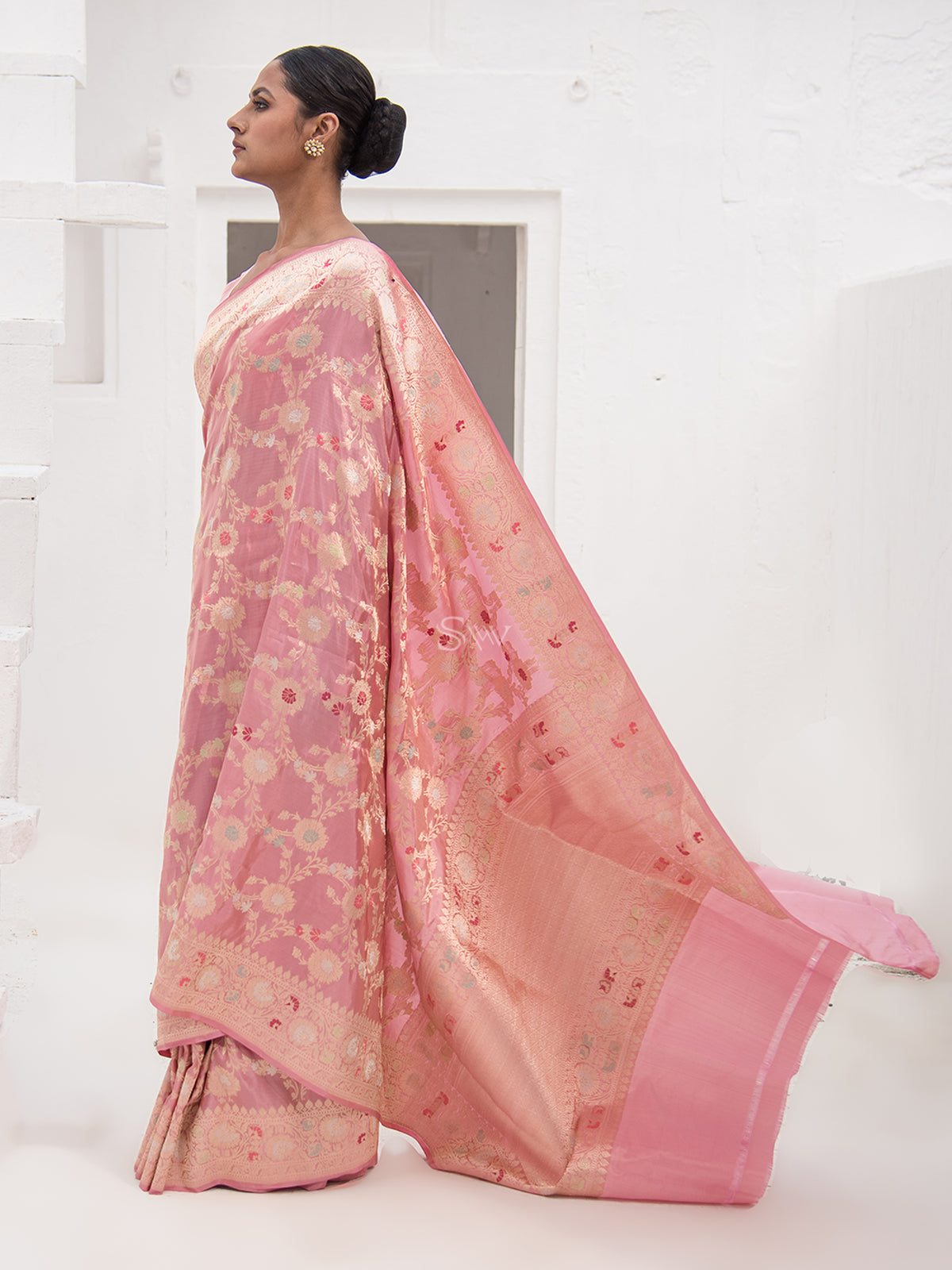 Pink Meenakari Tissue Katan Silk Handloom Banarasi Saree - Sacred Weaves