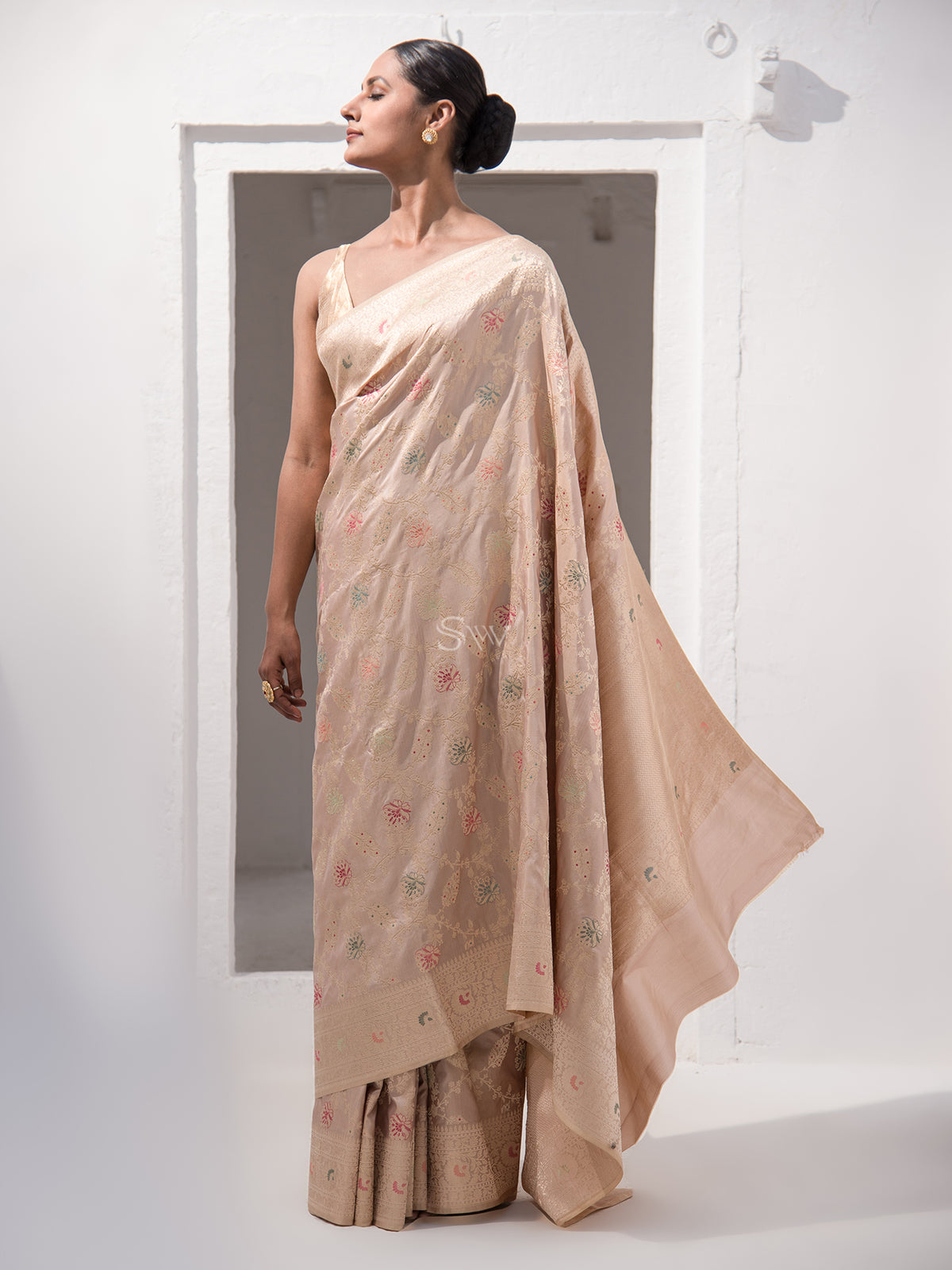 Pastel Brown Meenakari Katan Silk Handloom Banarasi Saree - Sacred Weaves