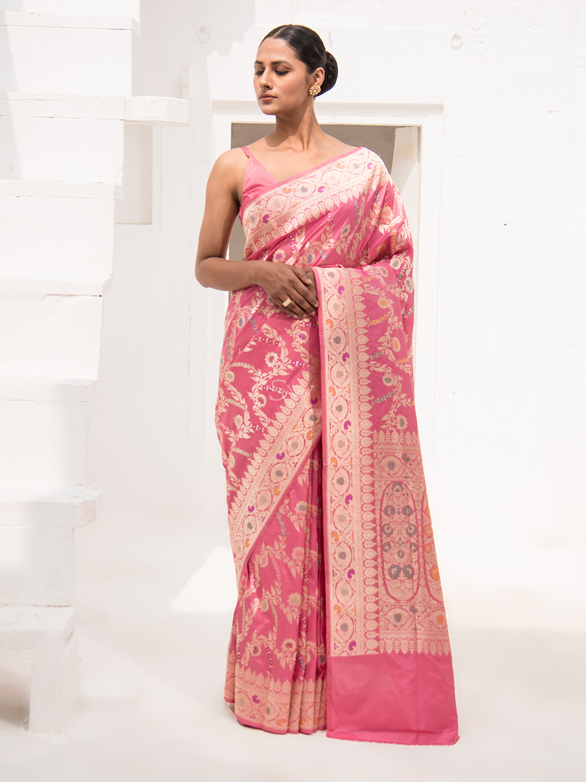 Onion Pink Meenakari Katan Silk Handloom Banarasi Saree - Sacred Weaves