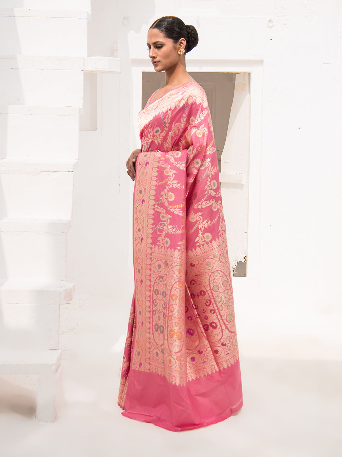 Onion Pink Meenakari Katan Silk Handloom Banarasi Saree - Sacred Weaves