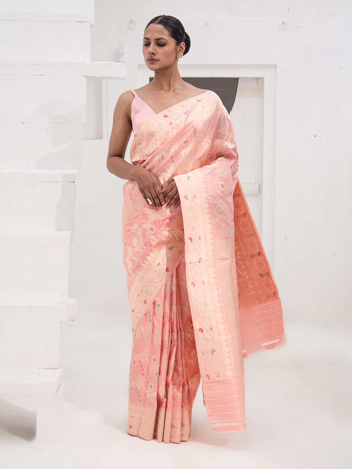 Pastel Pink Meenakari Katan Silk Handloom Banarasi Saree - Sacred Weaves