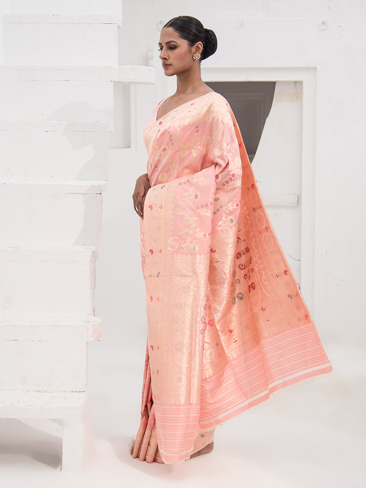 Pastel Pink Meenakari Katan Silk Handloom Banarasi Saree - Sacred Weaves