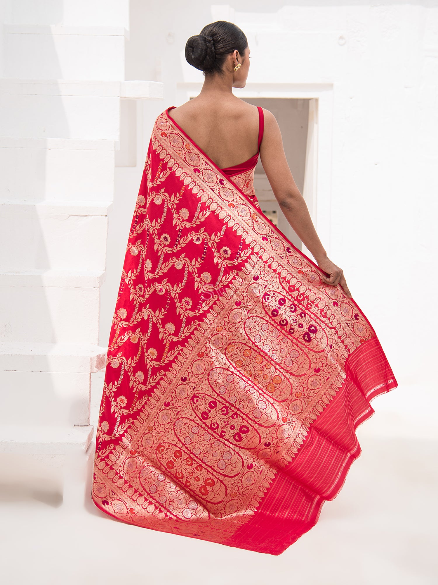 Red Meenakari Katan Silk Handloom Banarasi Saree - Sacred Weaves