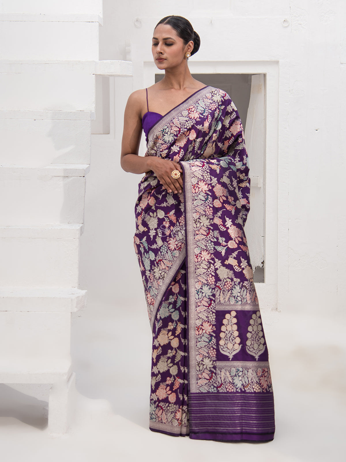 Purple Meenakari Katan Silk Handloom Banarasi Saree - Sacred Weaves