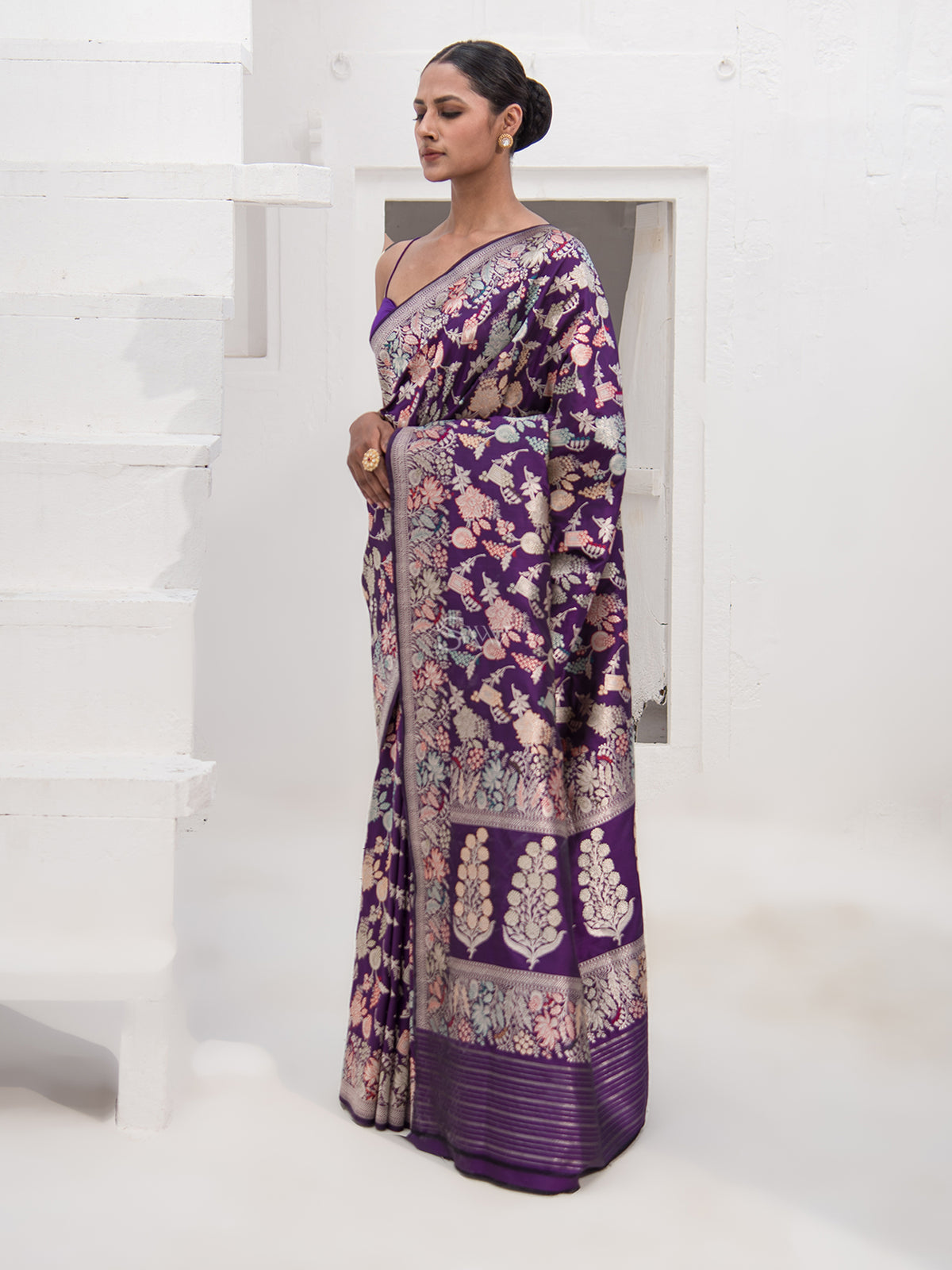 Purple Meenakari Katan Silk Handloom Banarasi Saree - Sacred Weaves