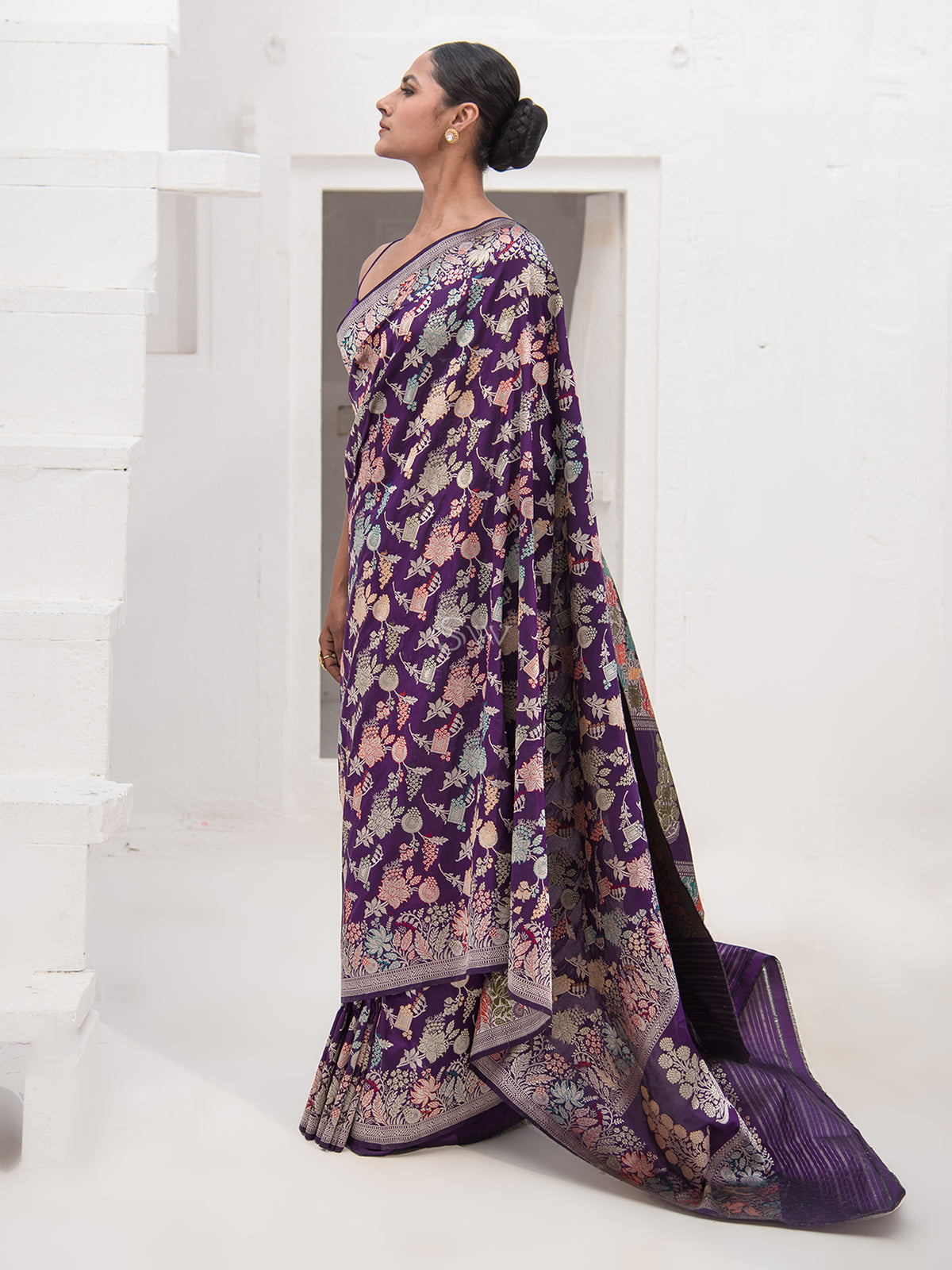 Purple Meenakari Katan Silk Handloom Banarasi Saree - Sacred Weaves