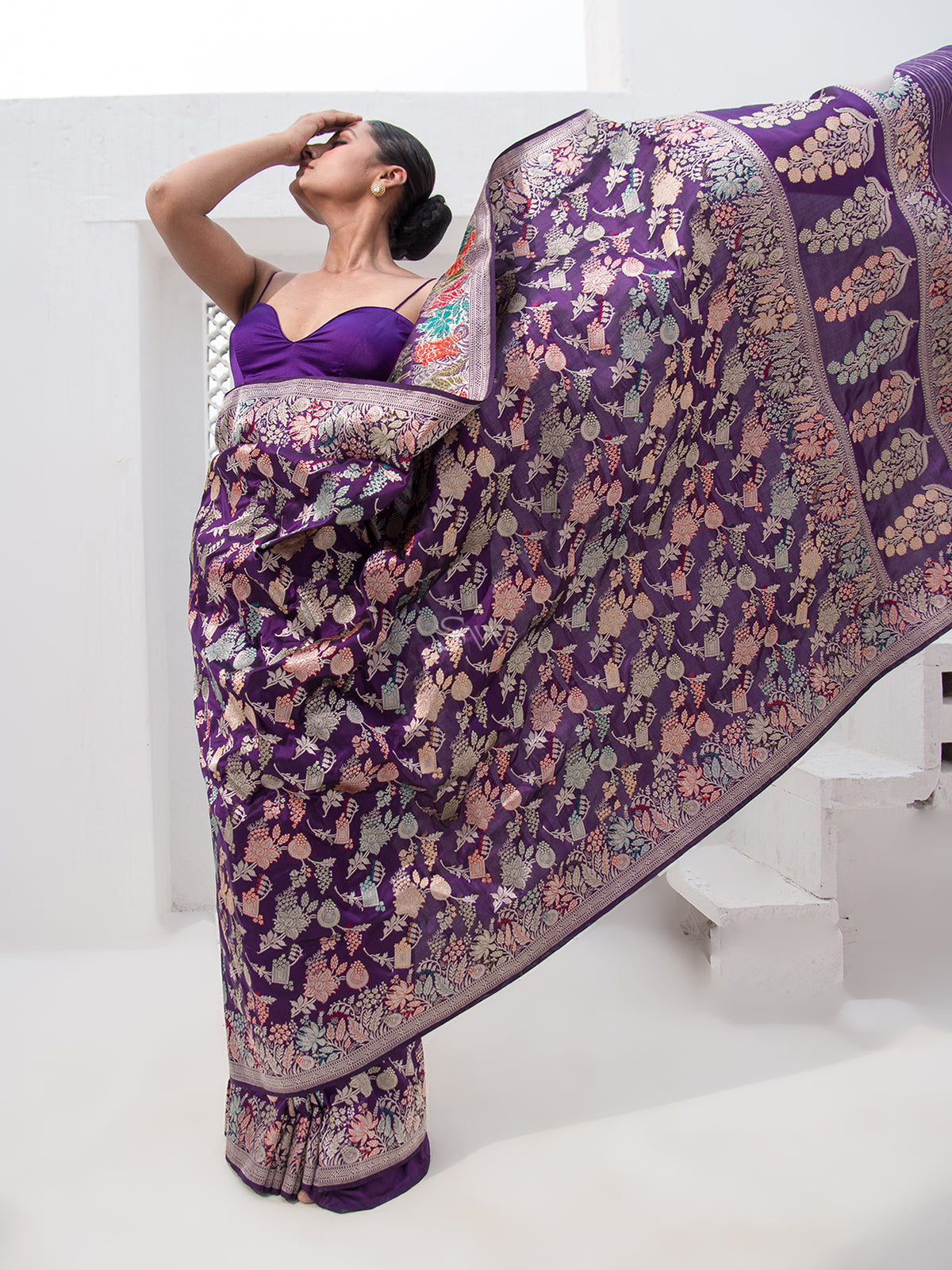 Purple Meenakari Katan Silk Handloom Banarasi Saree - Sacred Weaves