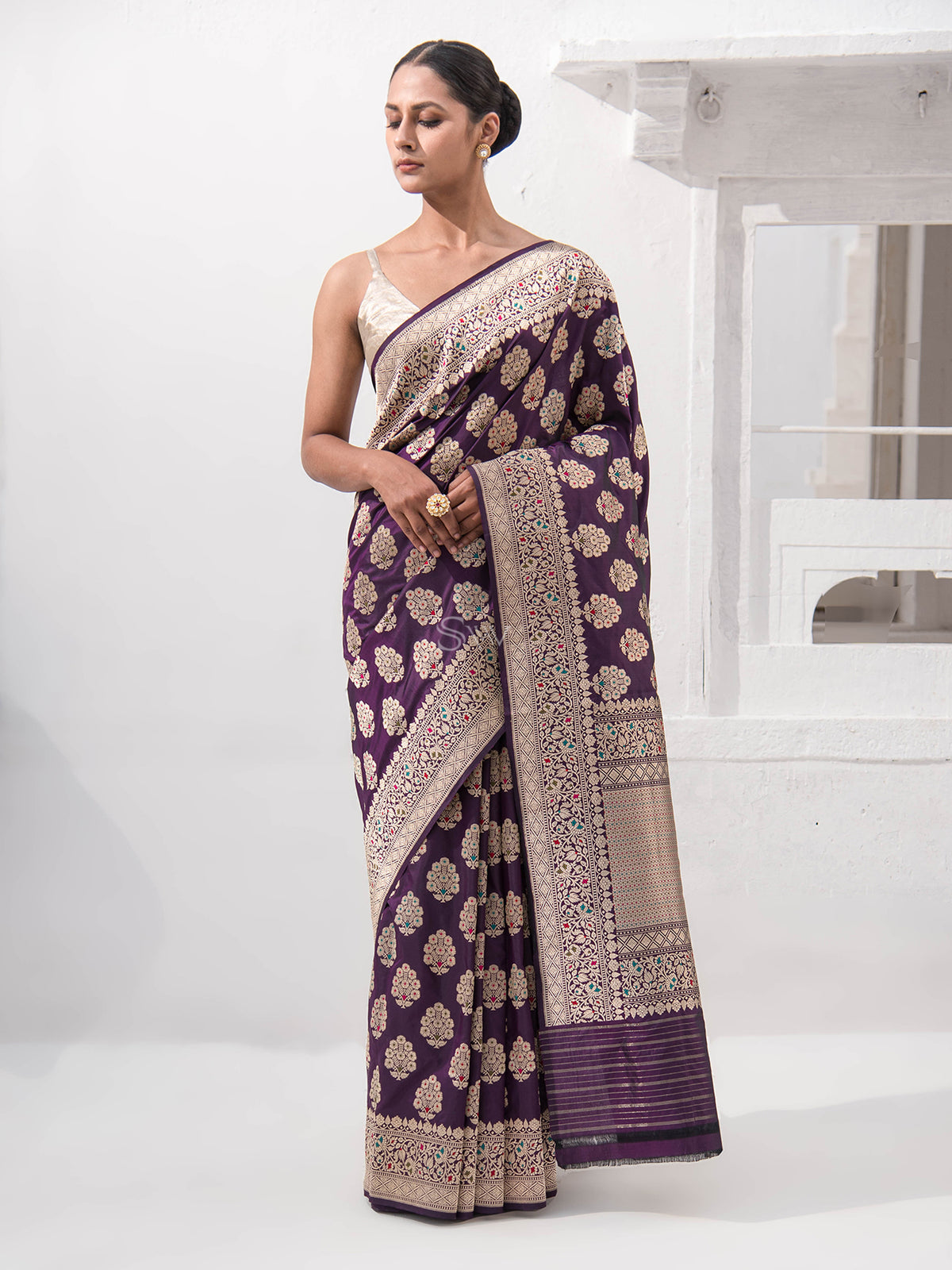 Dark Purple Meenakari Katan Silk Handloom Banarasi Saree - Sacred Weaves