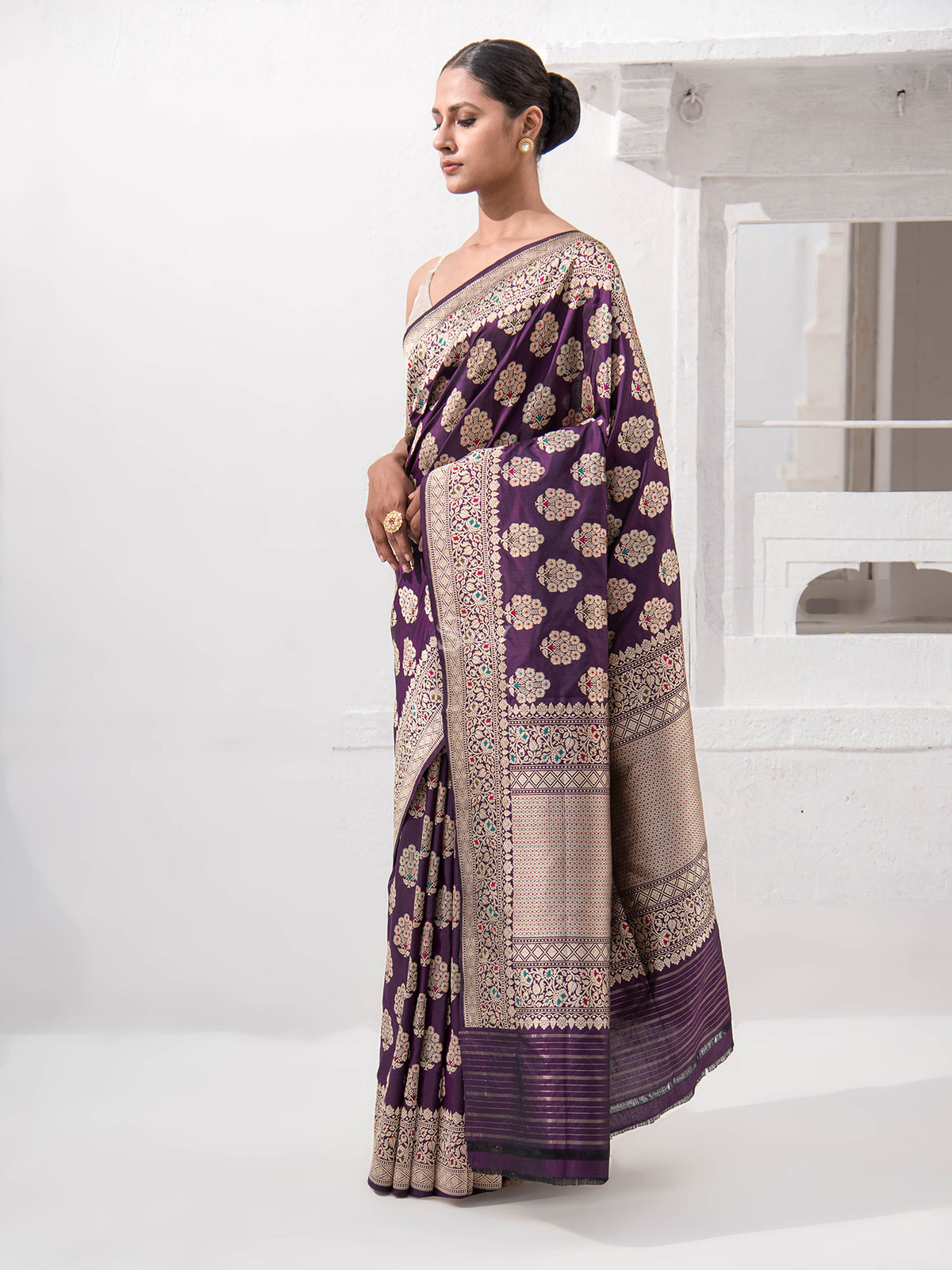 Dark Purple Meenakari Katan Silk Handloom Banarasi Saree - Sacred Weaves