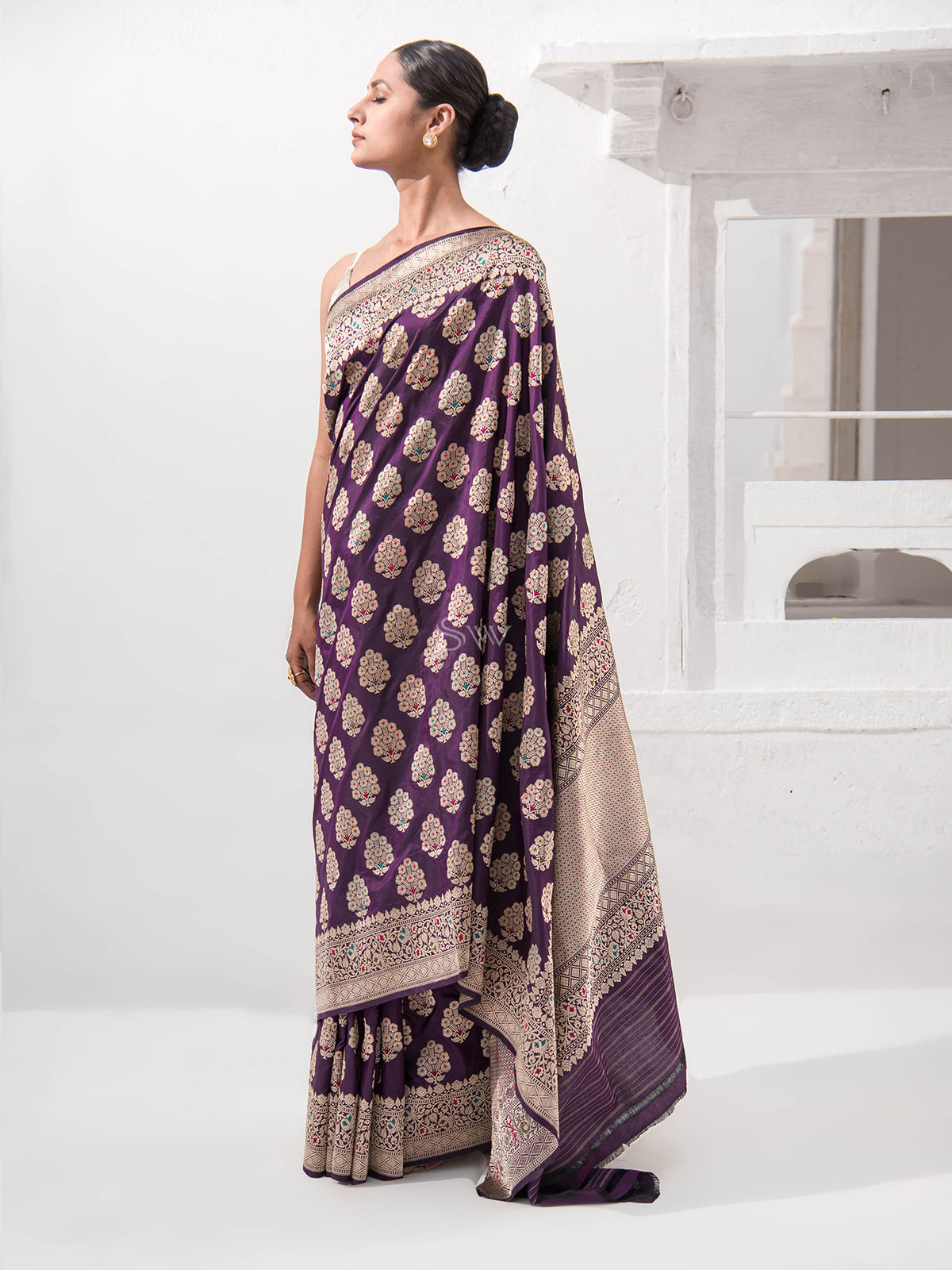 Dark Purple Meenakari Katan Silk Handloom Banarasi Saree - Sacred Weaves