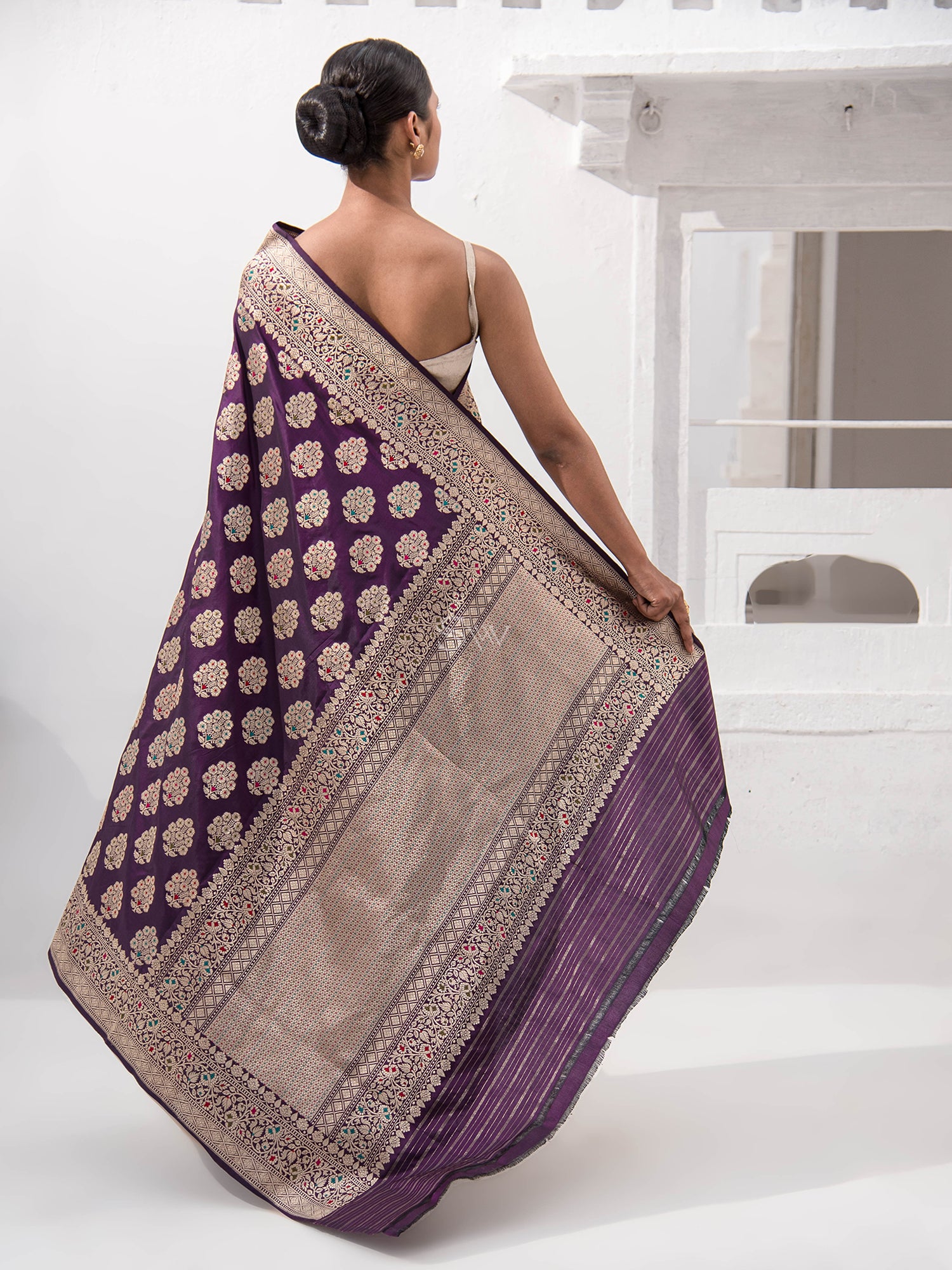 Dark Purple Meenakari Katan Silk Handloom Banarasi Saree - Sacred Weaves