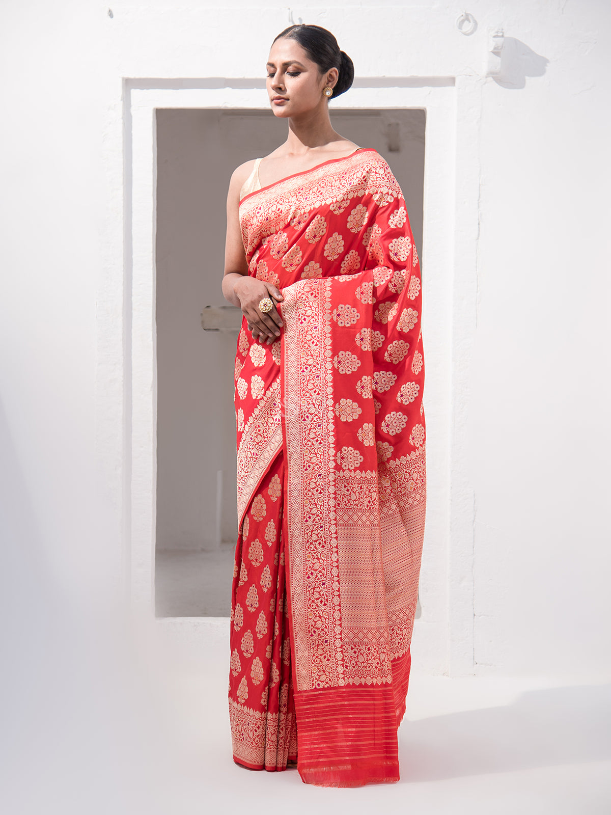 Red Meenakari Katan Silk Handloom Banarasi Saree - Sacred Weaves