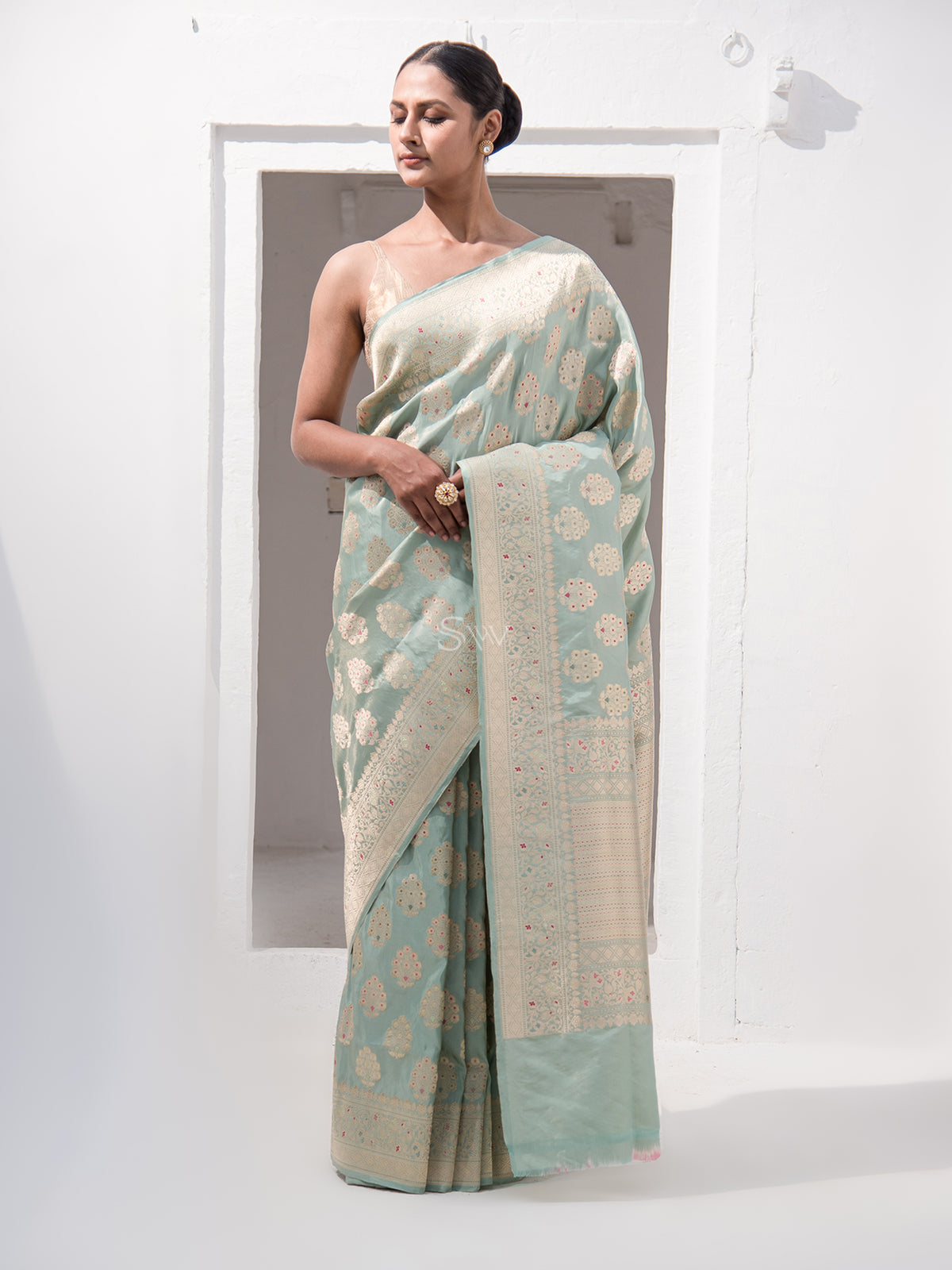 Sea Green Meenakari Tissue Katan Silk Handloom Banarasi Saree - Sacred Weaves