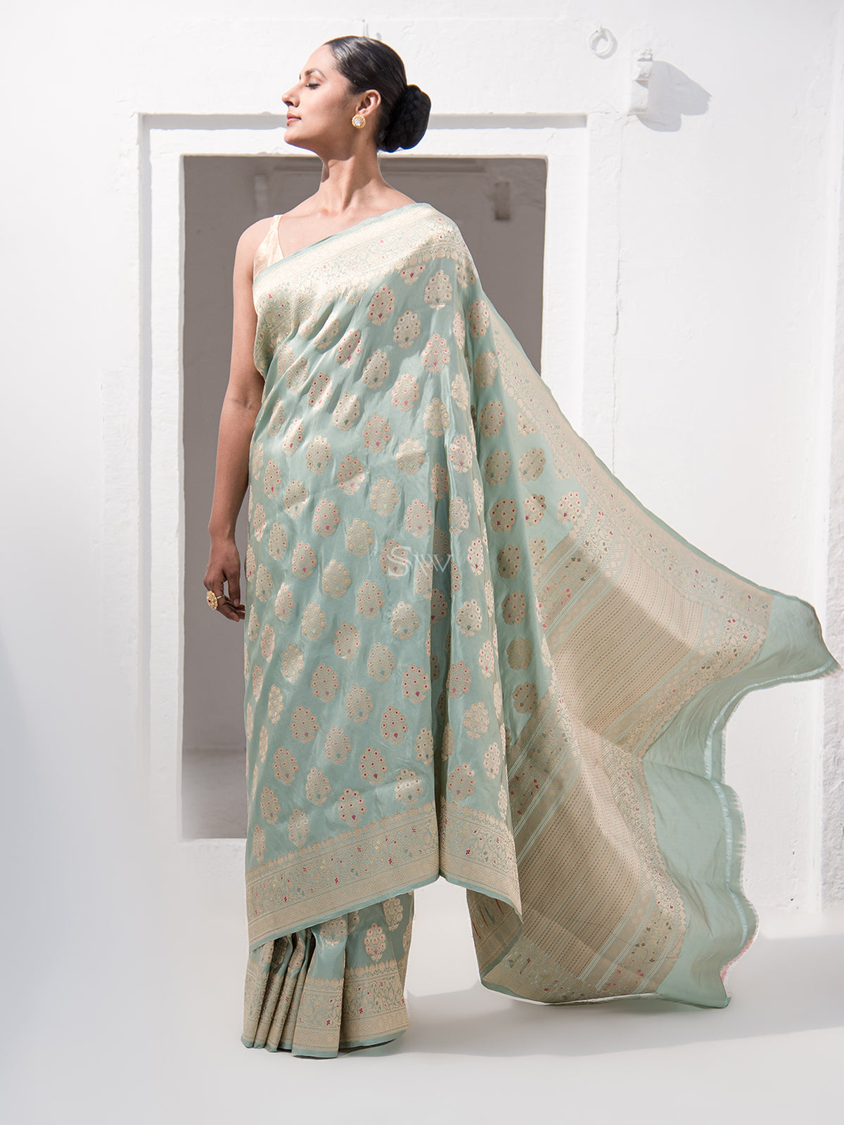 Sea Green Meenakari Tissue Katan Silk Handloom Banarasi Saree - Sacred Weaves