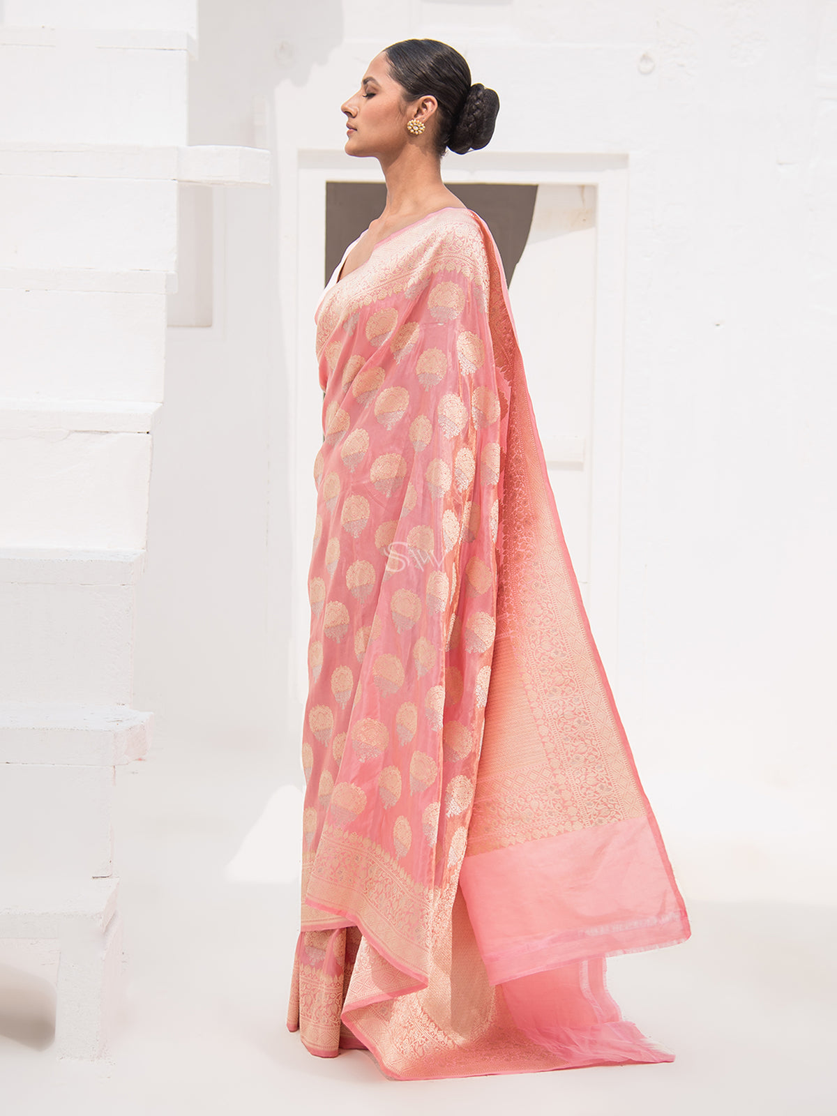 Pastel Pink Meenakari Tissue Katan Silk Handloom Banarasi Saree - Sacred Weaves