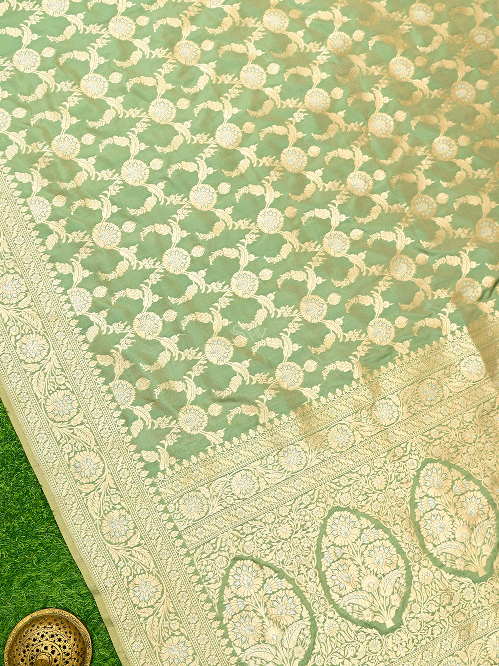 Moss Green Jaal Uppada Katan Silk Handloom Banarasi Saree - Sacred Weaves