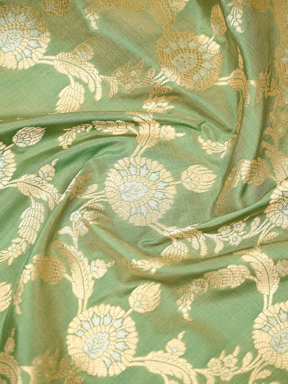 Moss Green Jaal Uppada Katan Silk Handloom Banarasi Saree - Sacred Weaves