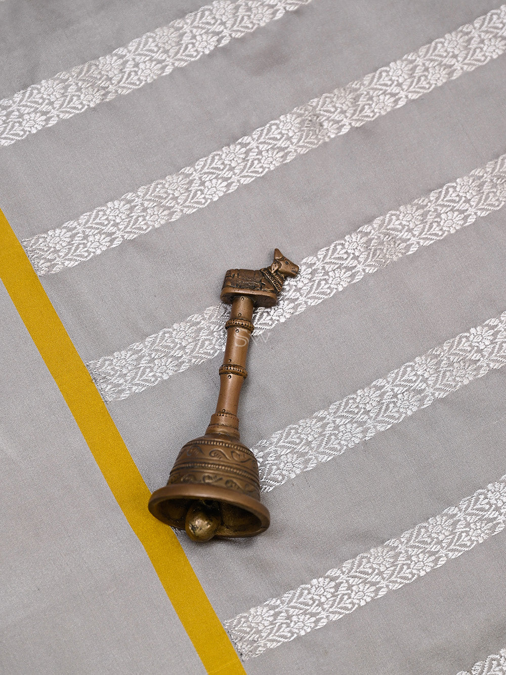 Grey Silver Stripe Satin Silk Handloom Banarasi Saree - Sacred Weaves